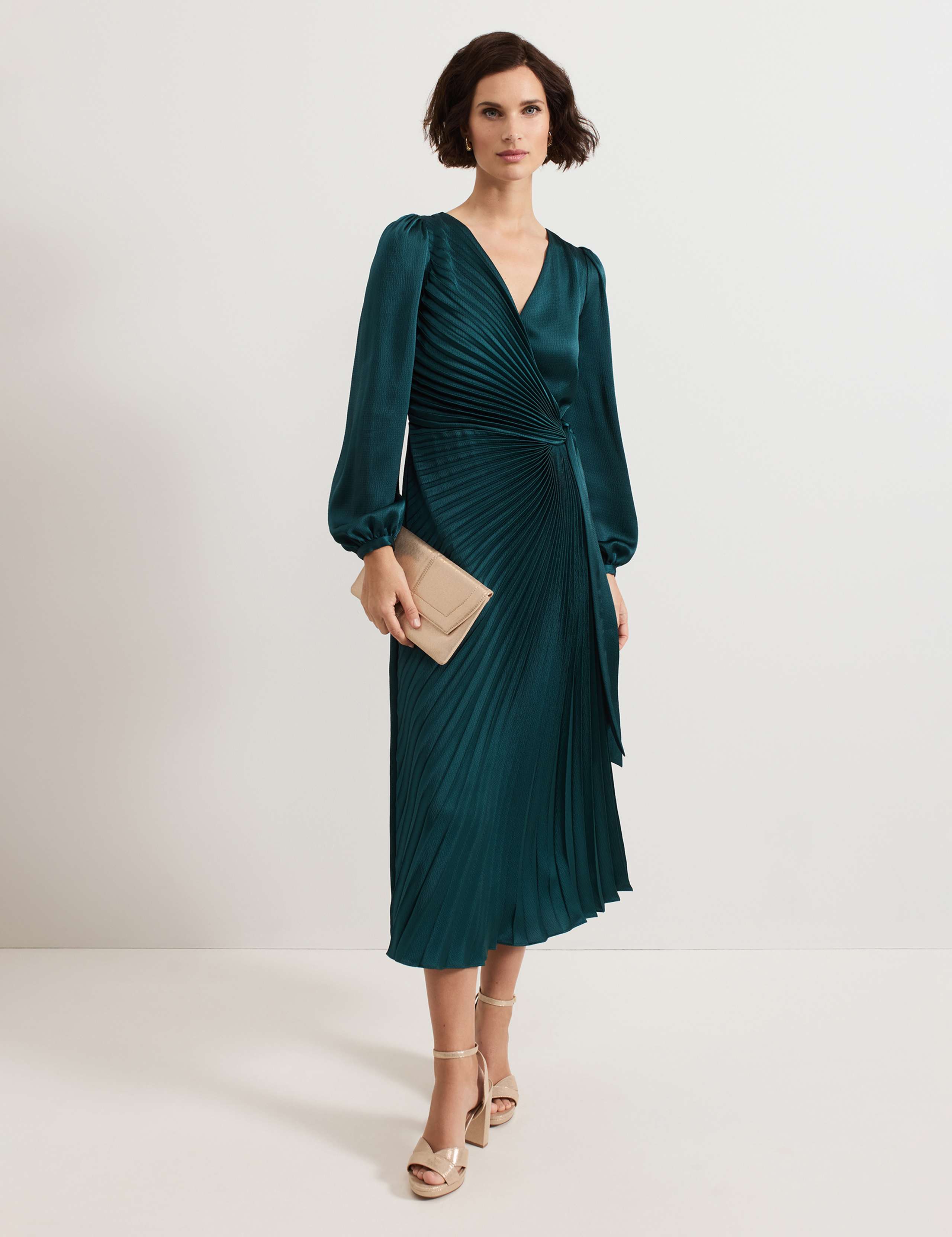 Pleated Tie Waist Midi Wrap Dress