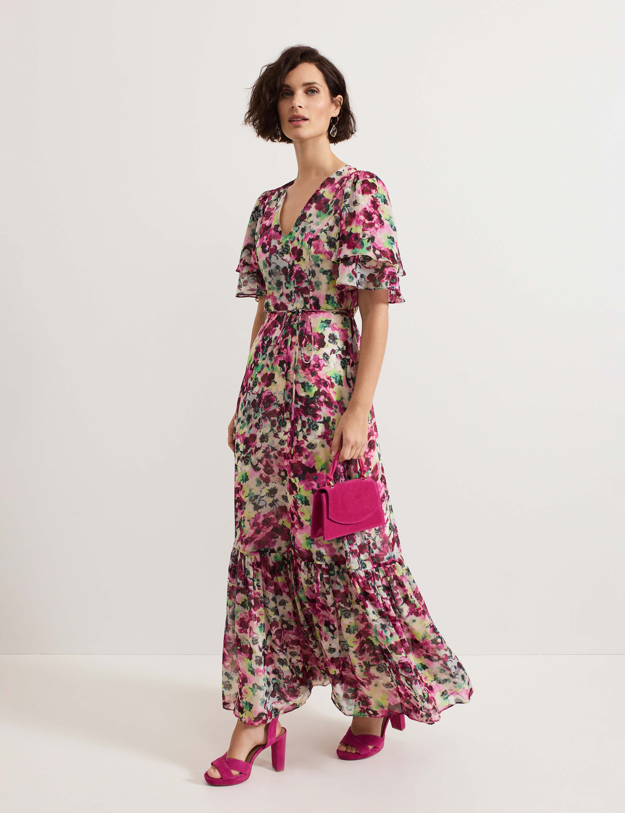 Floral V-Neck Tie Waist Maxi Tiered Dress