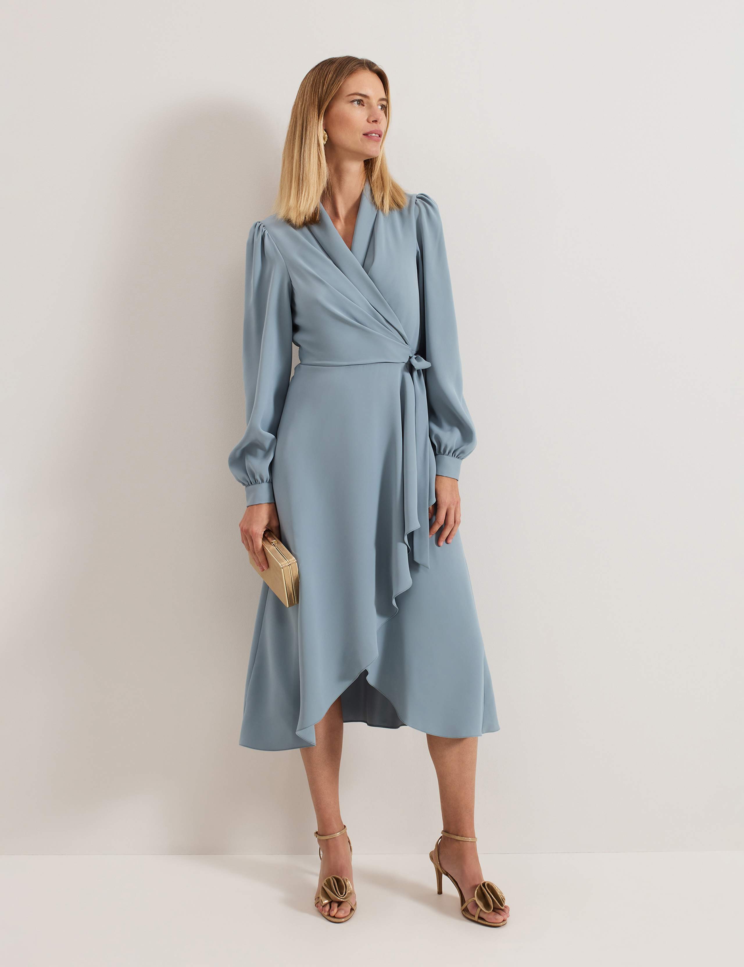 V-Neck Tie Front Midi Wrap Dress