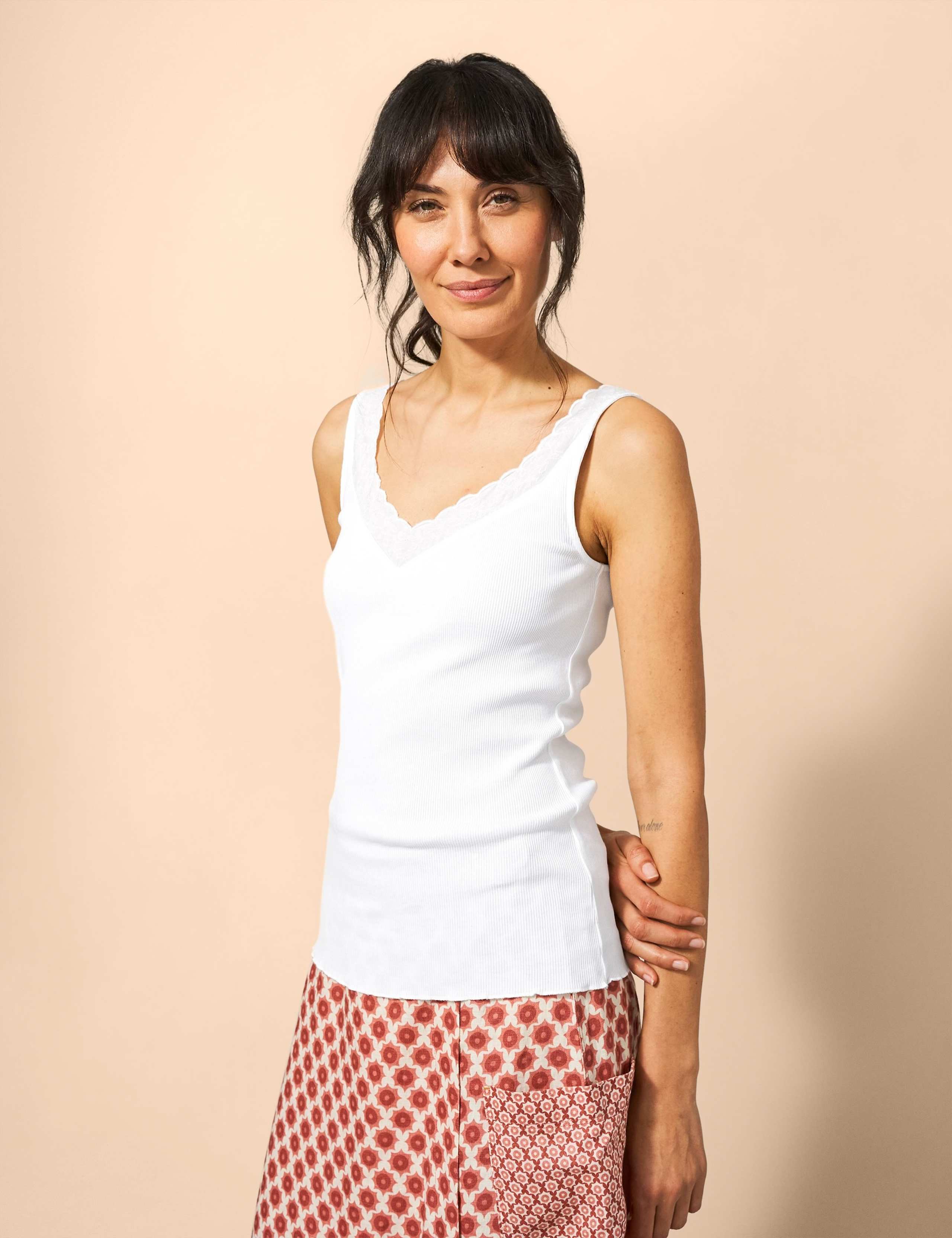 Pure Cotton V-Neck Lace Detail Vest Top