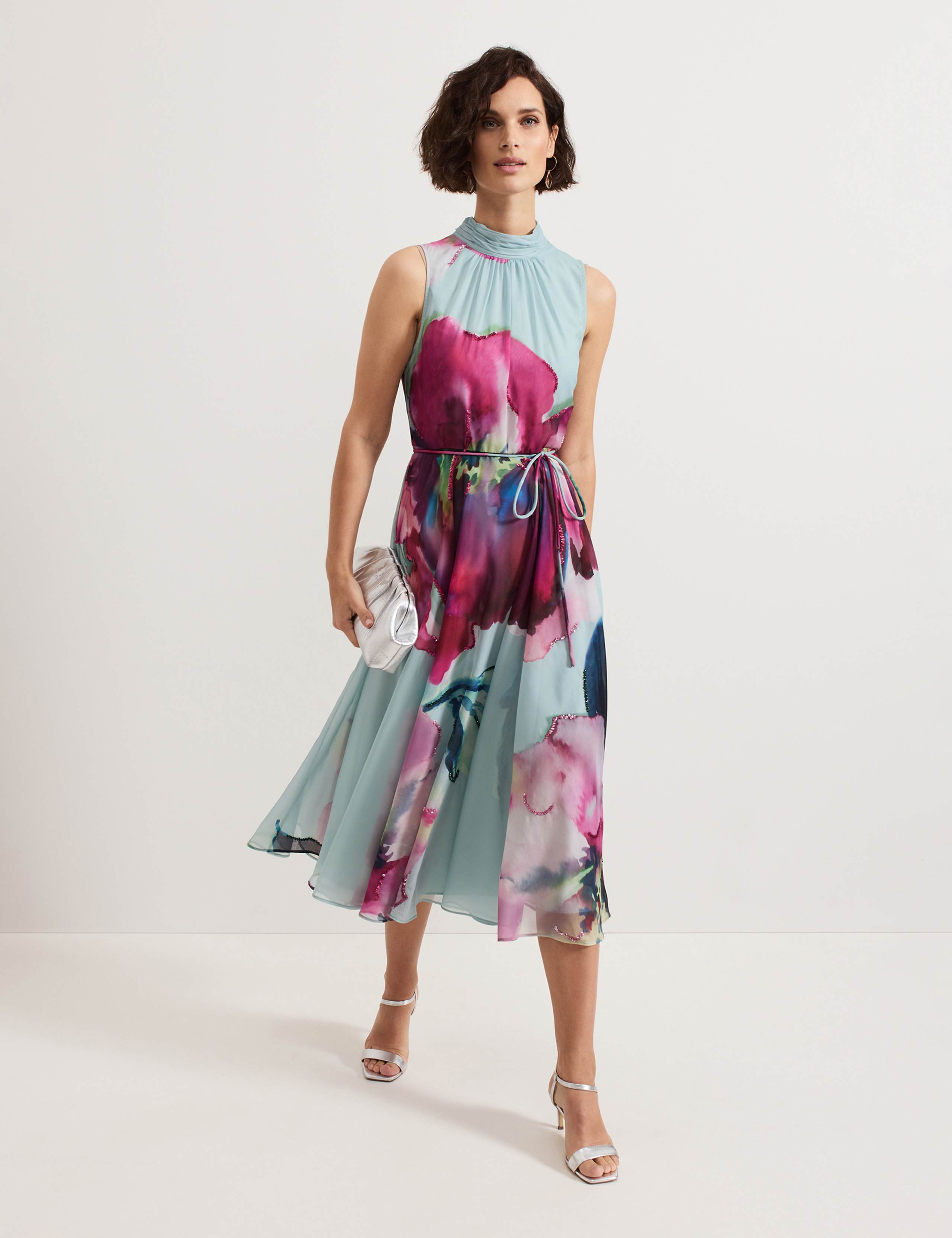 Floral Tie Neck Waisted Midi Dress