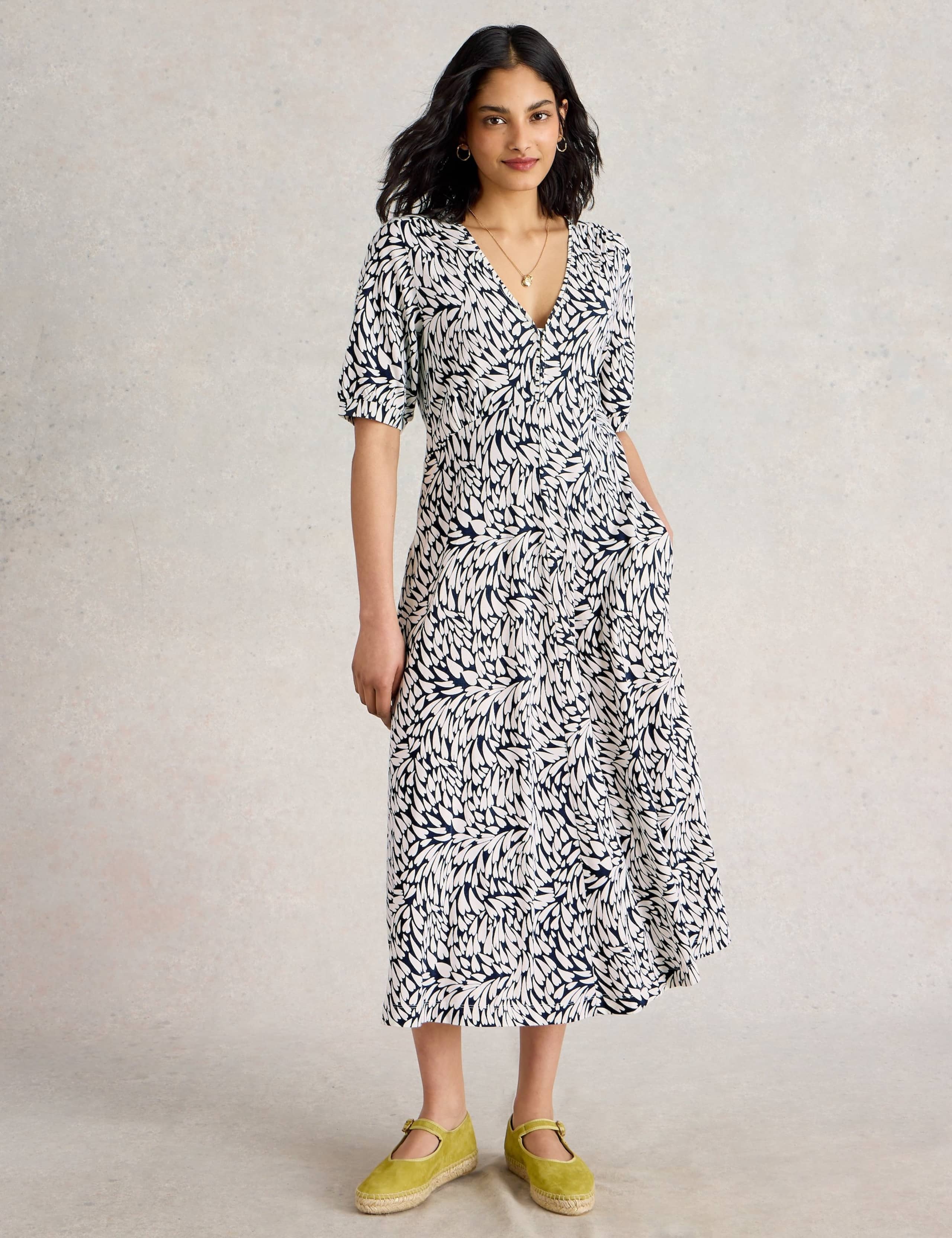 Jersey Printed V-Neck Midi Tea Dress