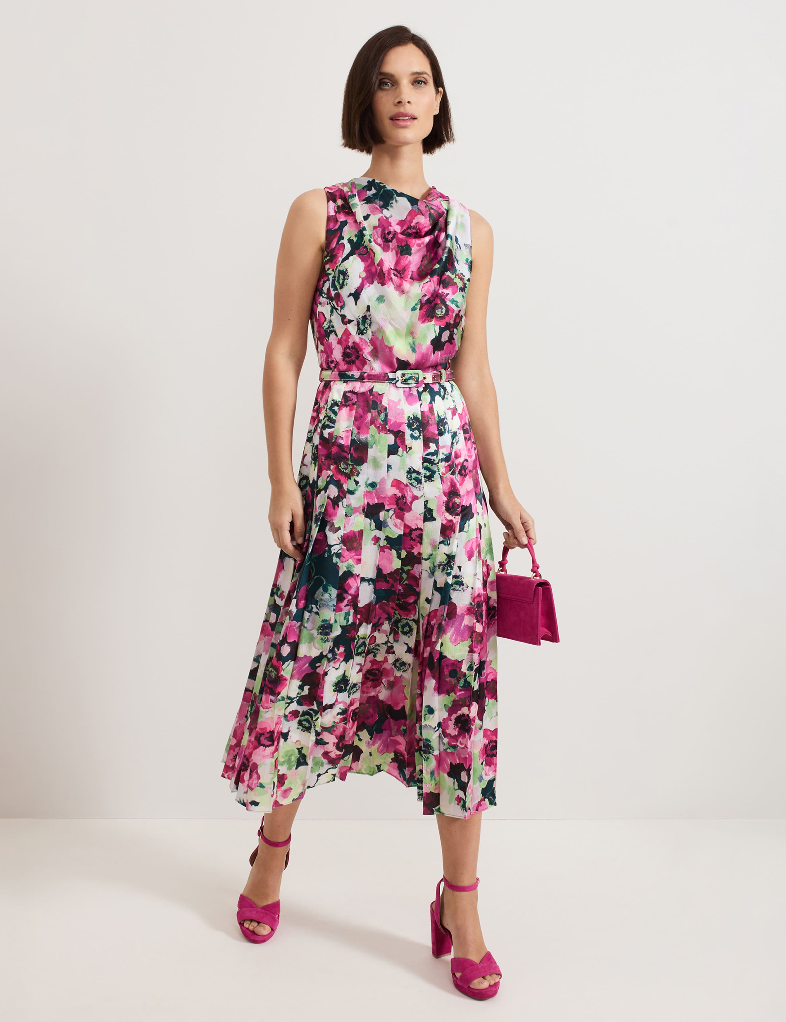 Floral Cowl Neck Pleated Midi Skater Dress