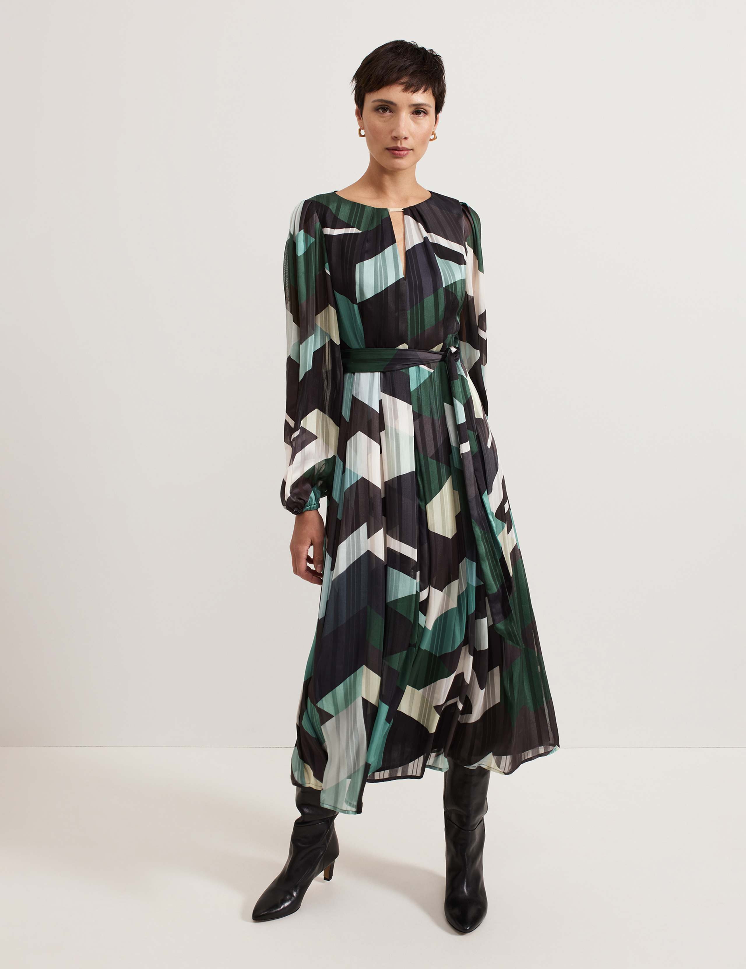 Abstract Print Midaxi Waisted Dress
