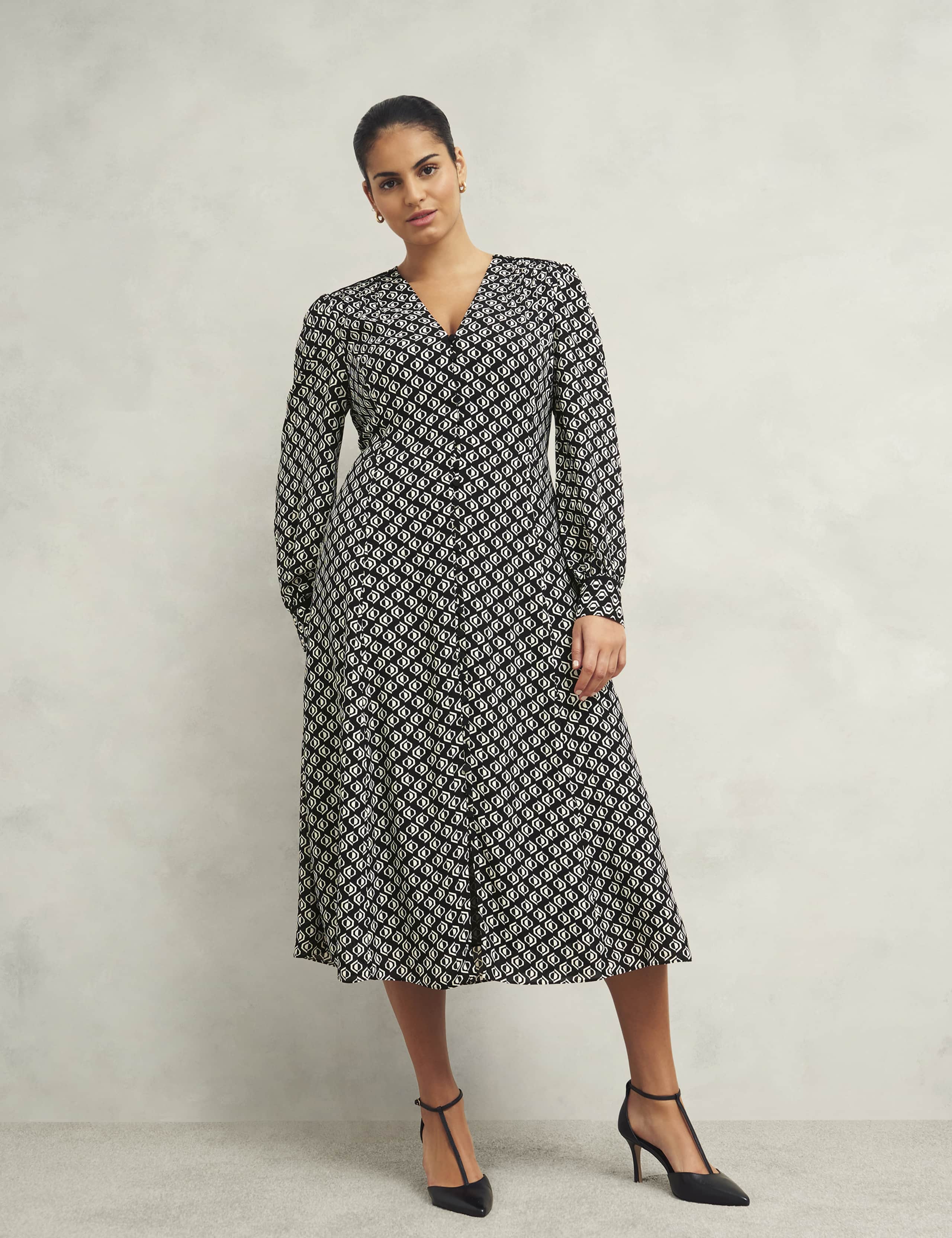 Geometric V-Neck Midi Skater Dress