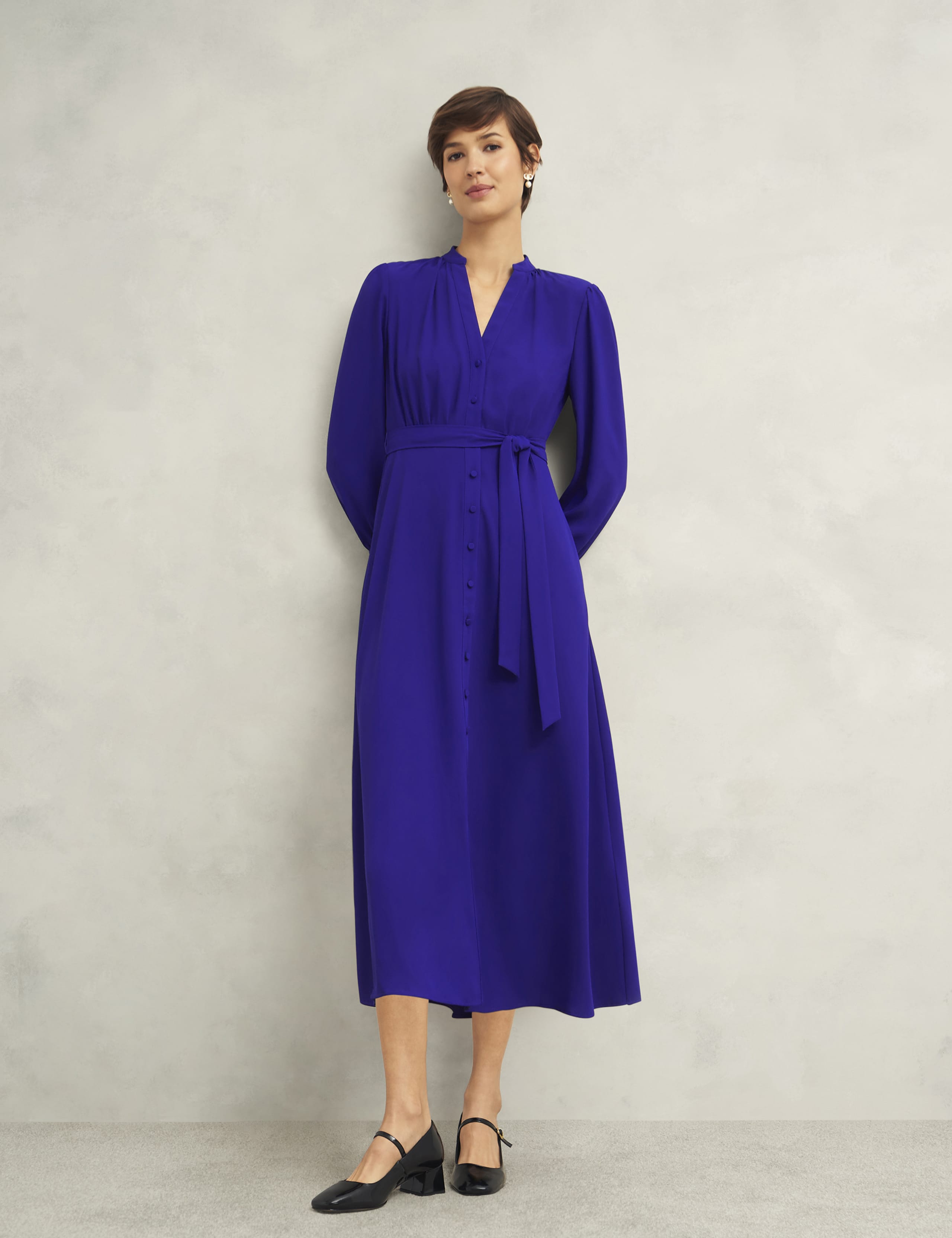 V-Neck Button Through Midi Waisted Dress