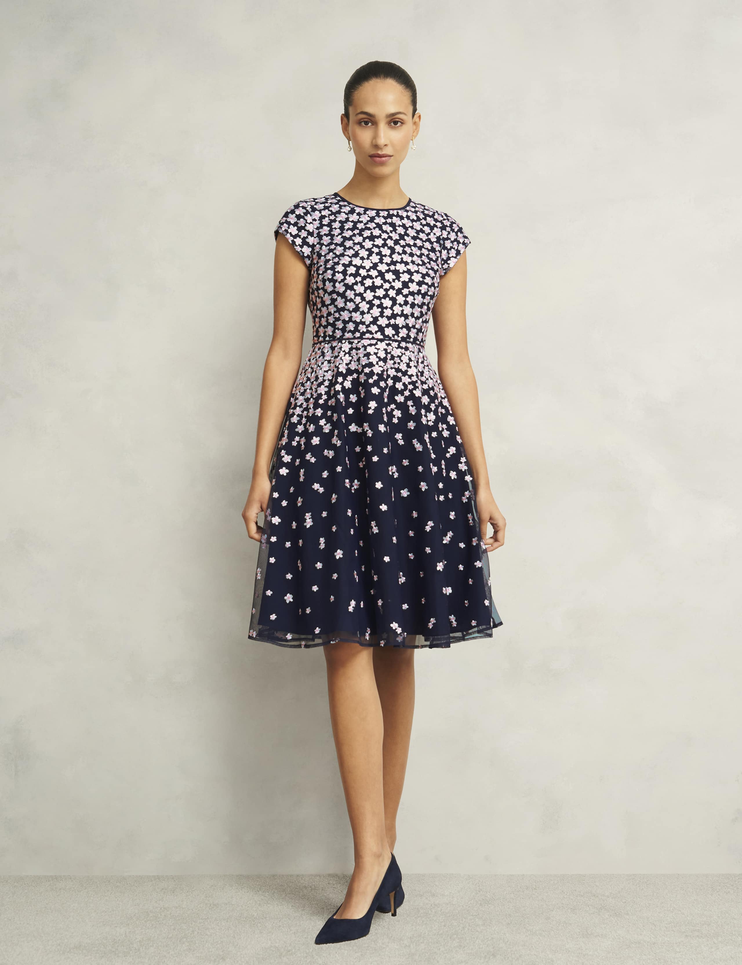 Mesh Floral Embroidered Knee Length Skater Dress