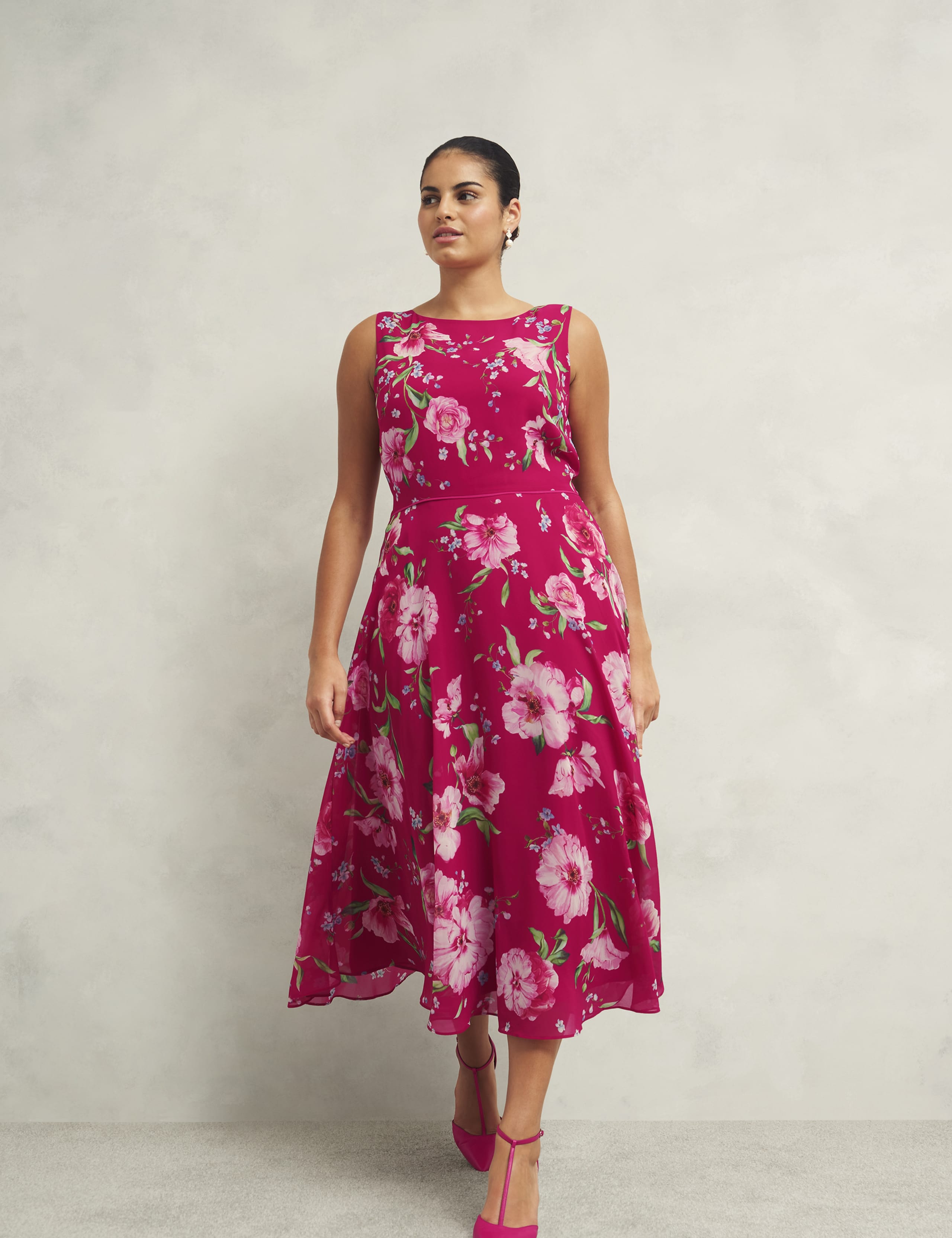 Floral Round Neck Midi Skater Dress