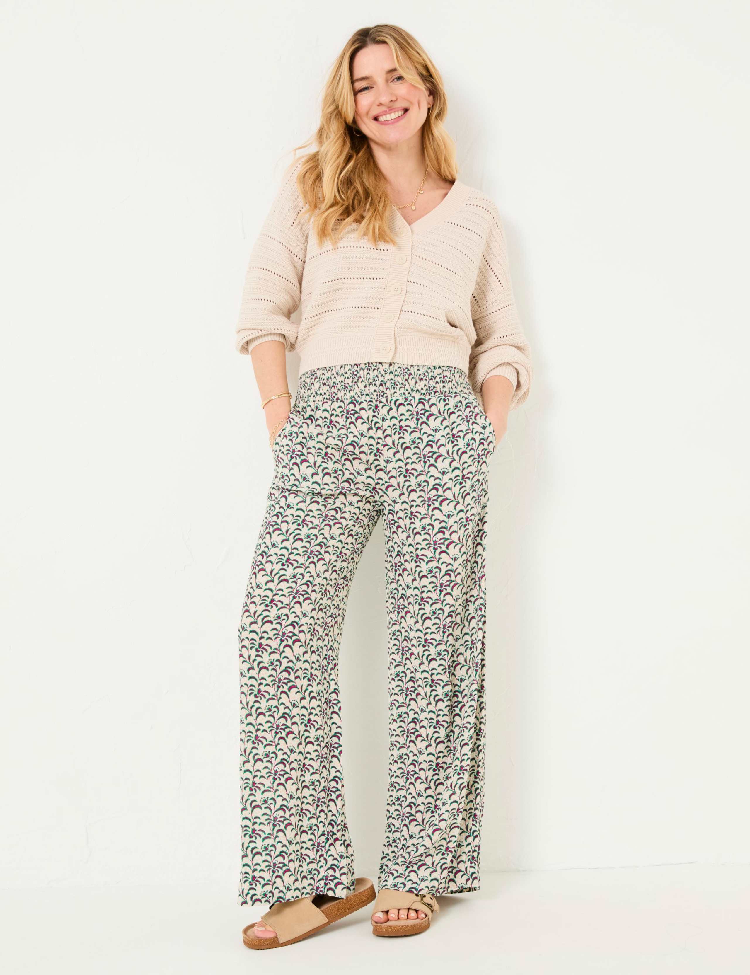 Printed Shirred Waist Palazzo Trousers