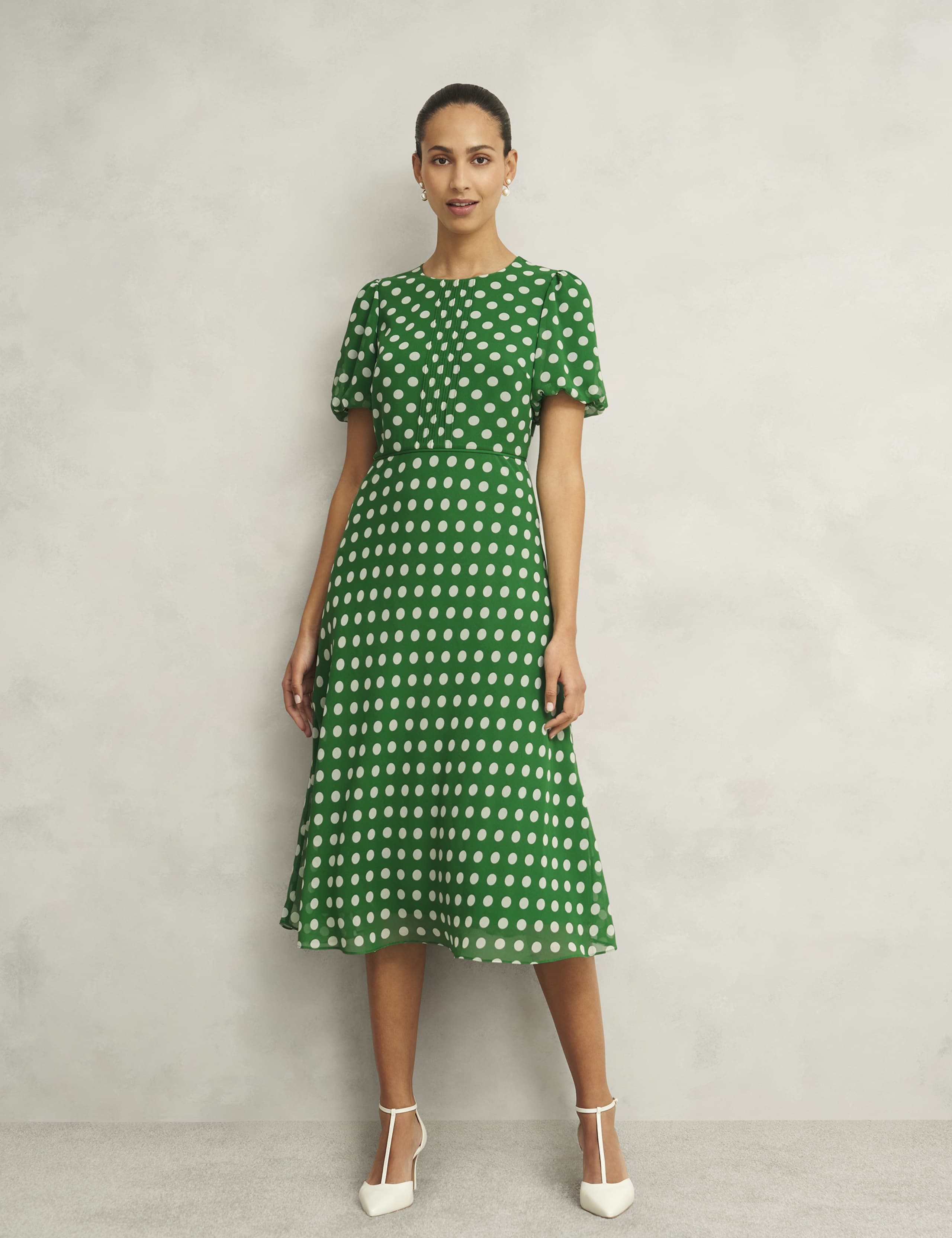 Polka Dot Puff Sleeve Midi Skater Dress
