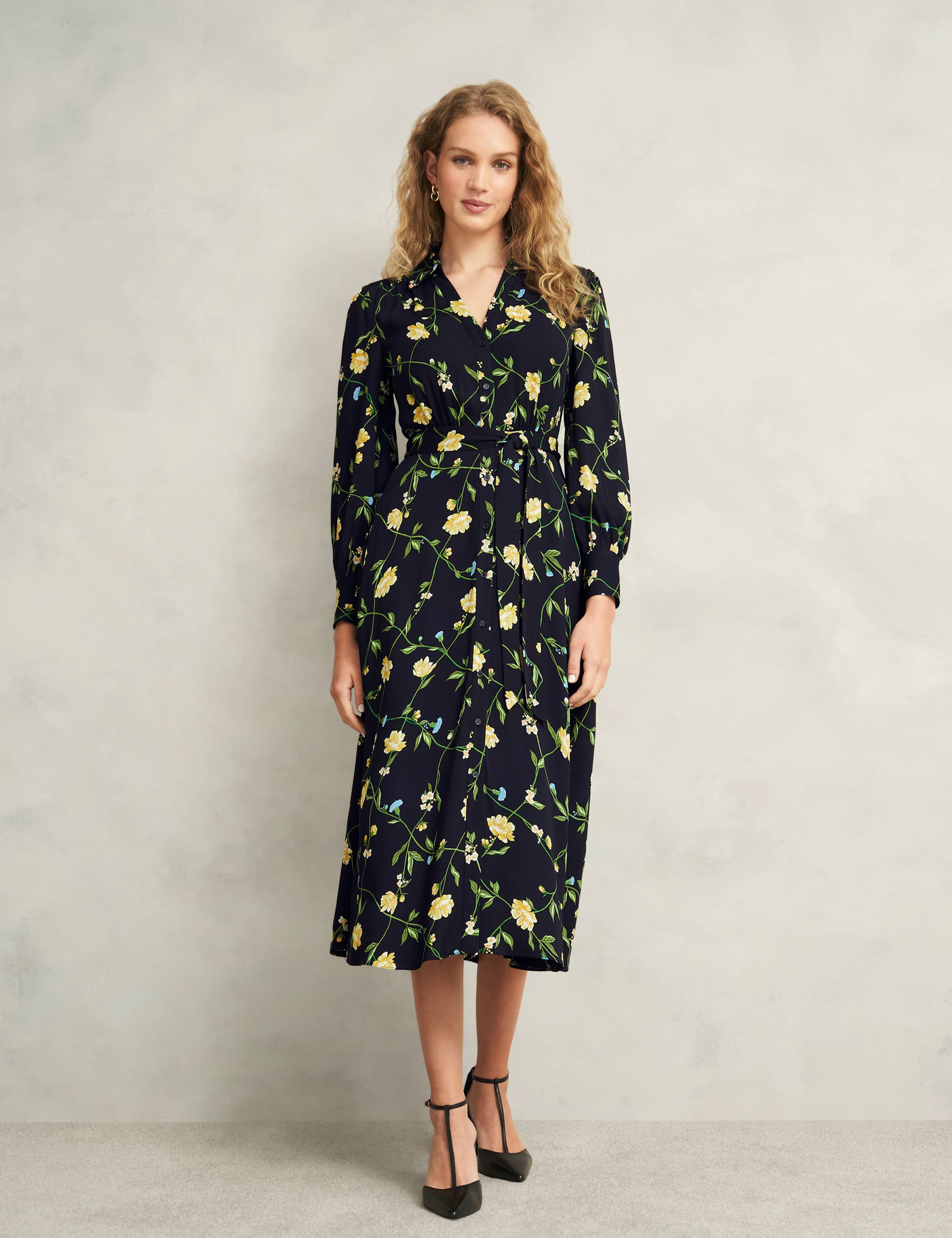 Button Through Tie Waist Midi Shirt Dress