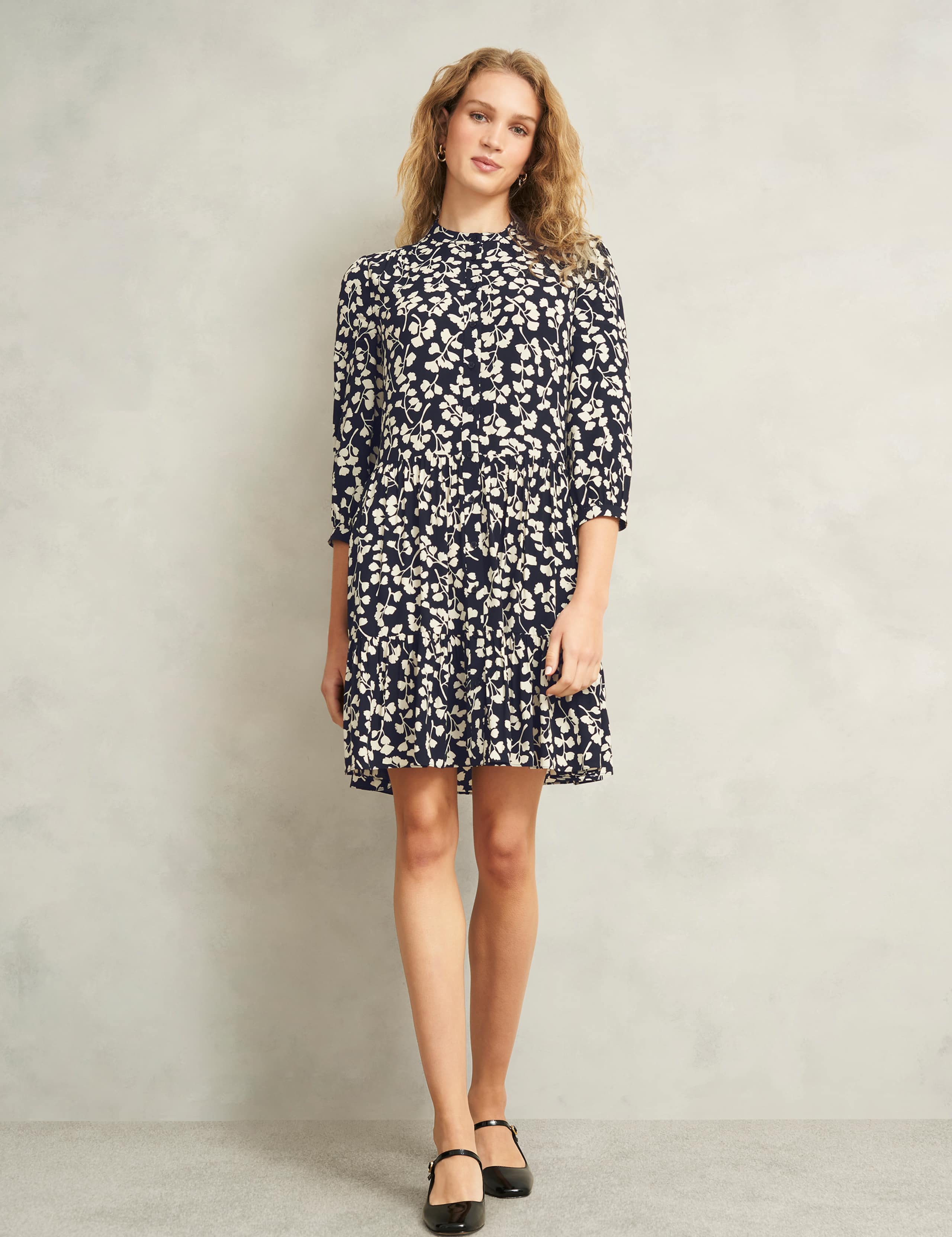 Leaf Print Crew Neck Mini Tiered Dress