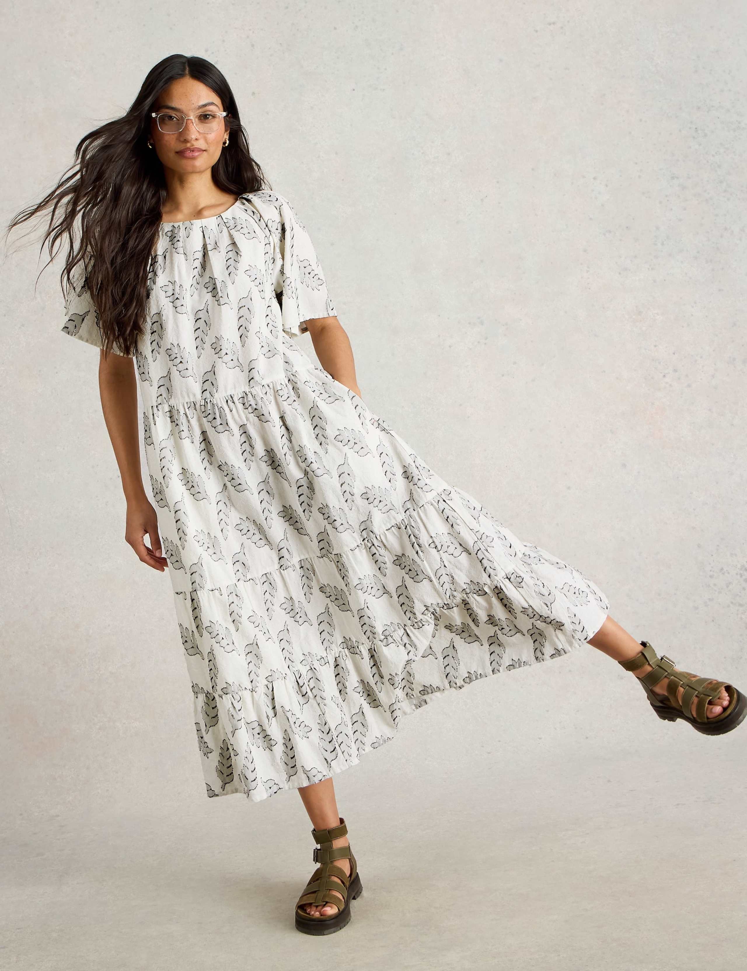 Pure Cotton Jacquard Midi Tiered Dress