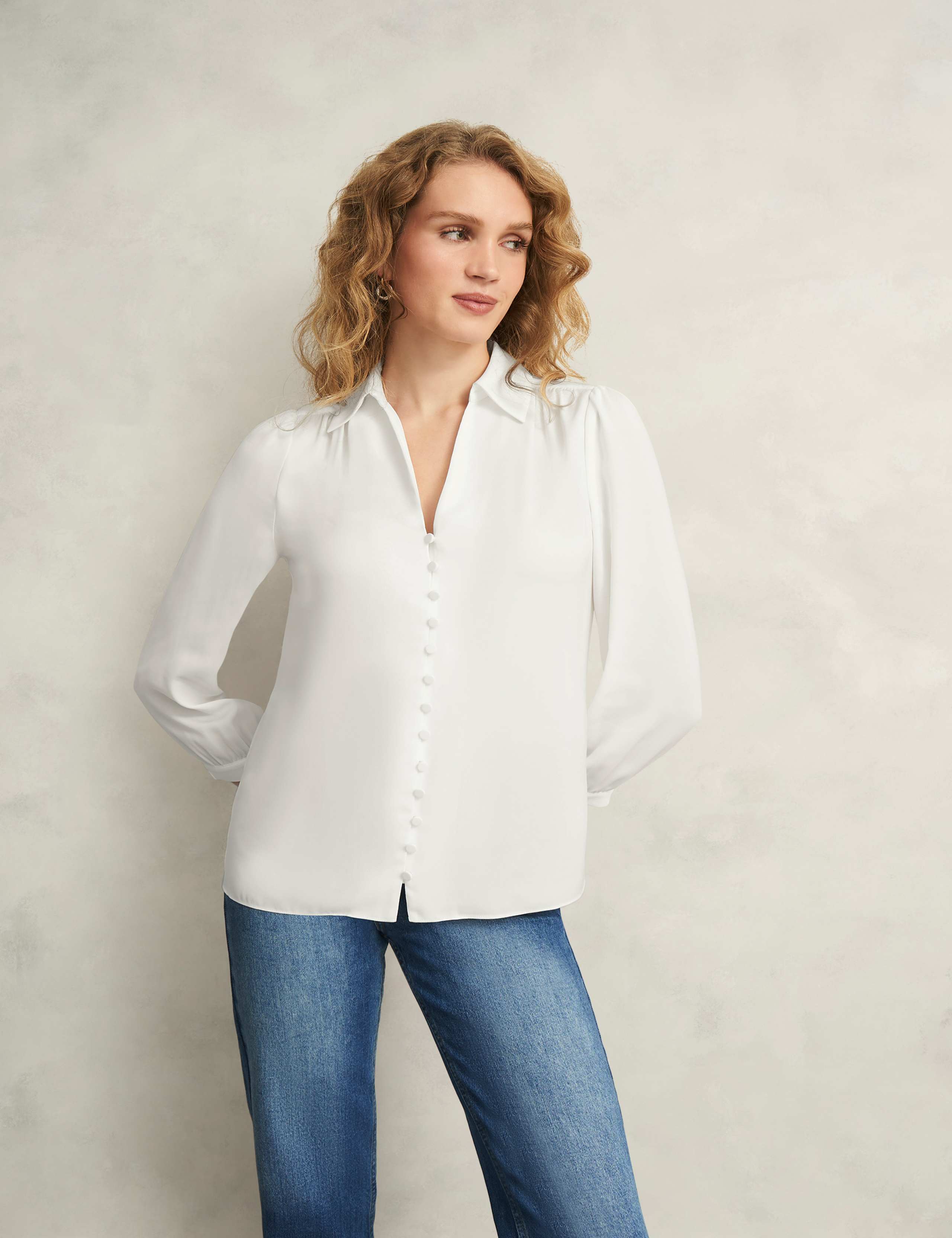 Collared Button Detail Blouson Sleeve Blouse