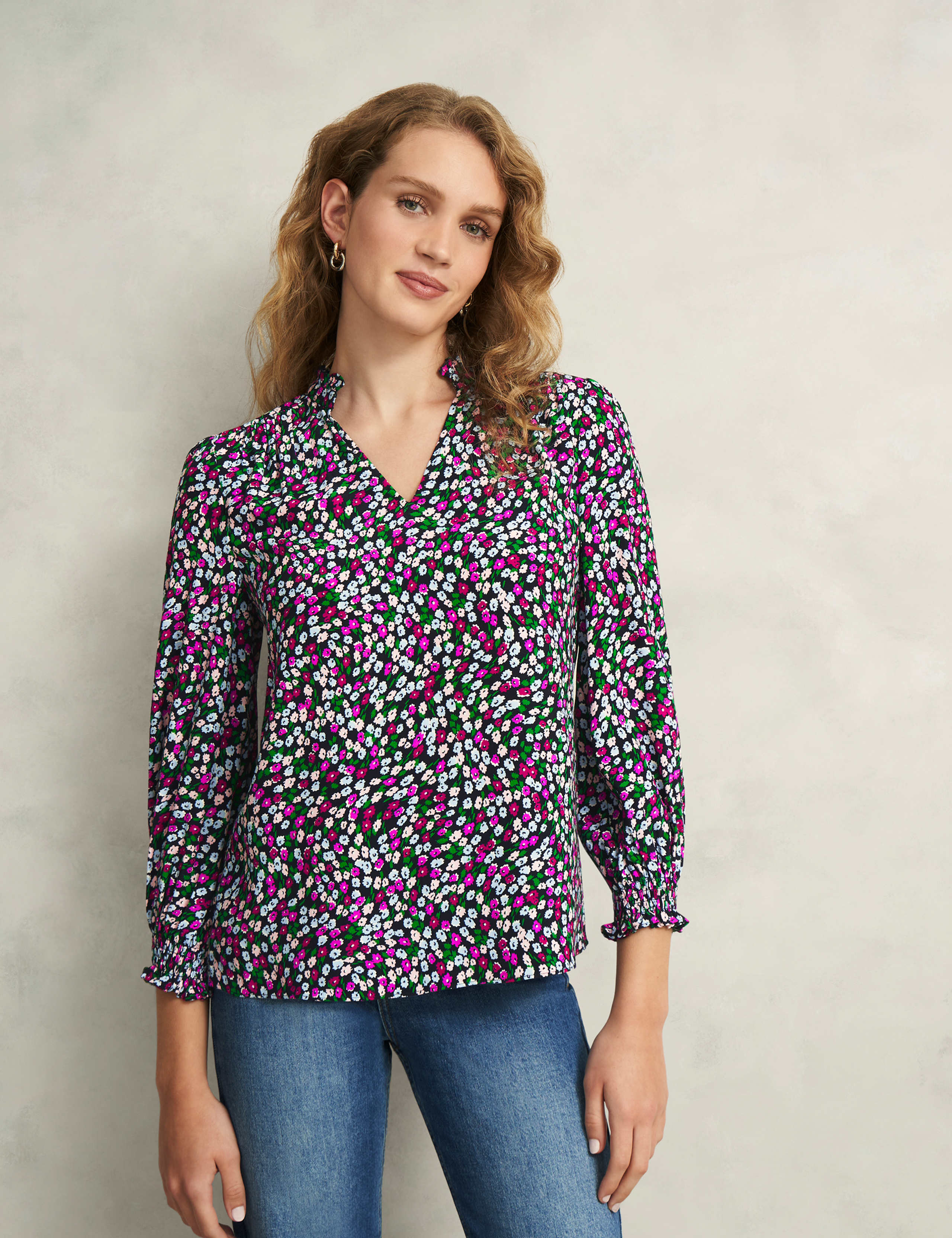 Floral Notch Neck Frill Sleeve Blouse