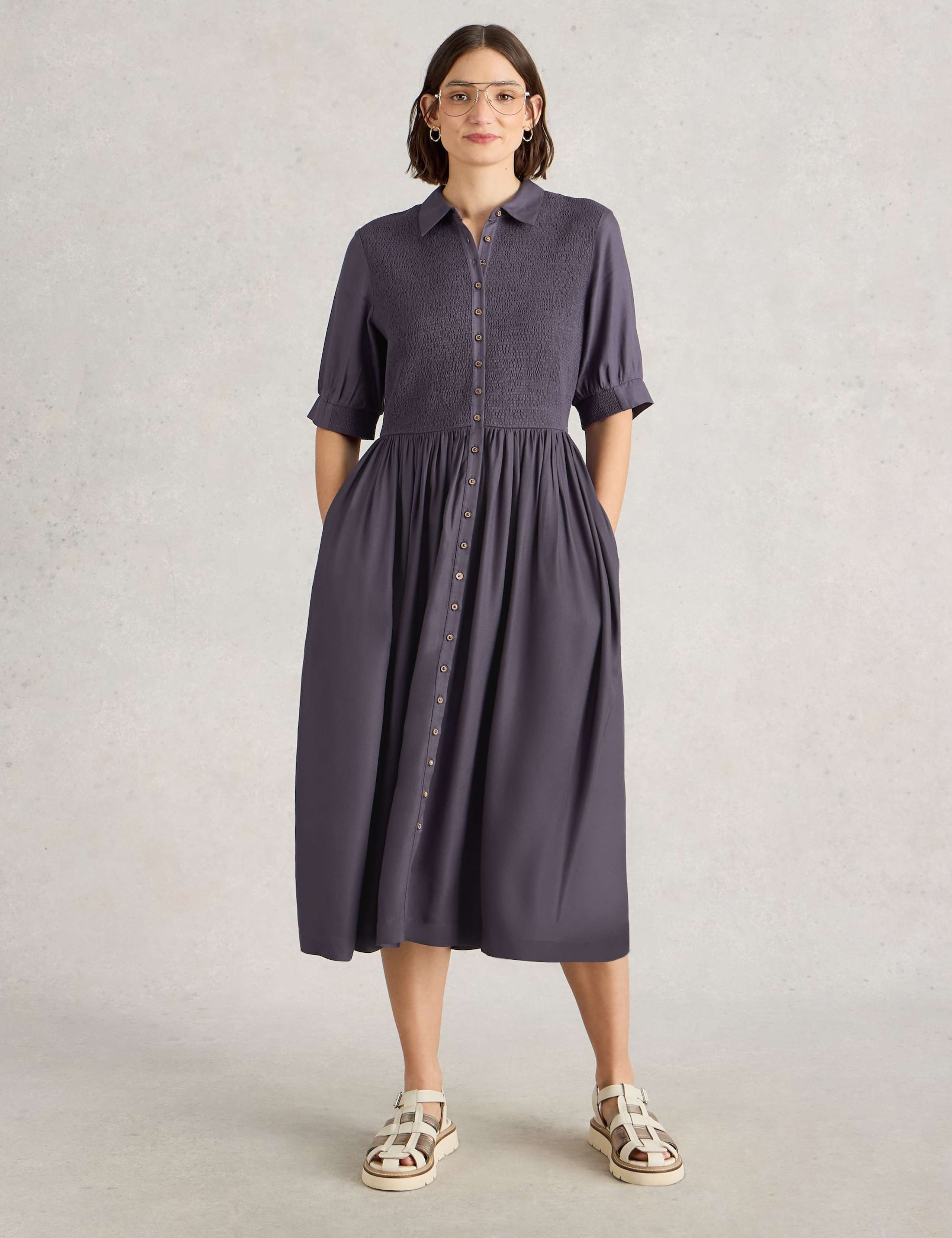Shirred Detail Midi Shirt Dress