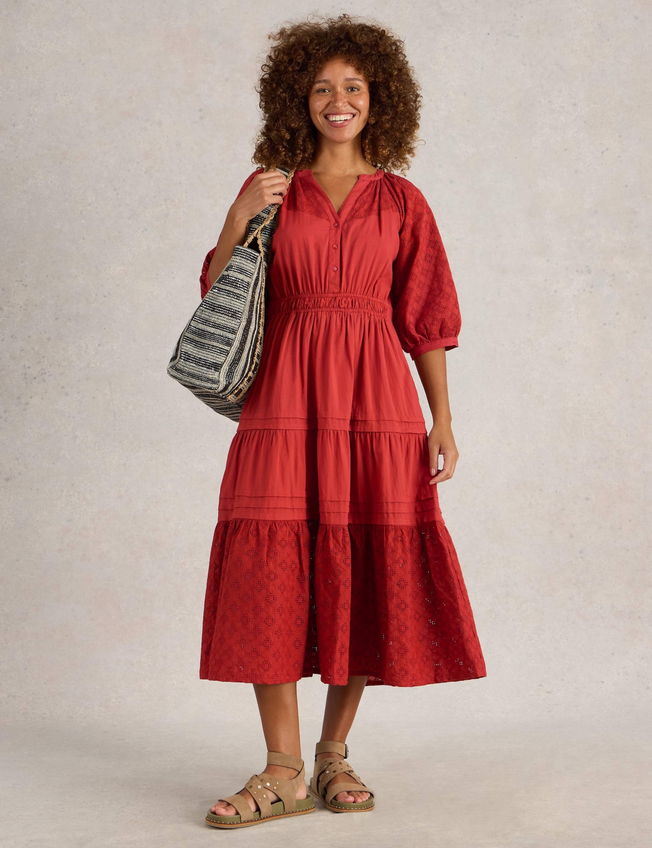Pure Cotton Broderie V-Neck Midi Tiered Dress