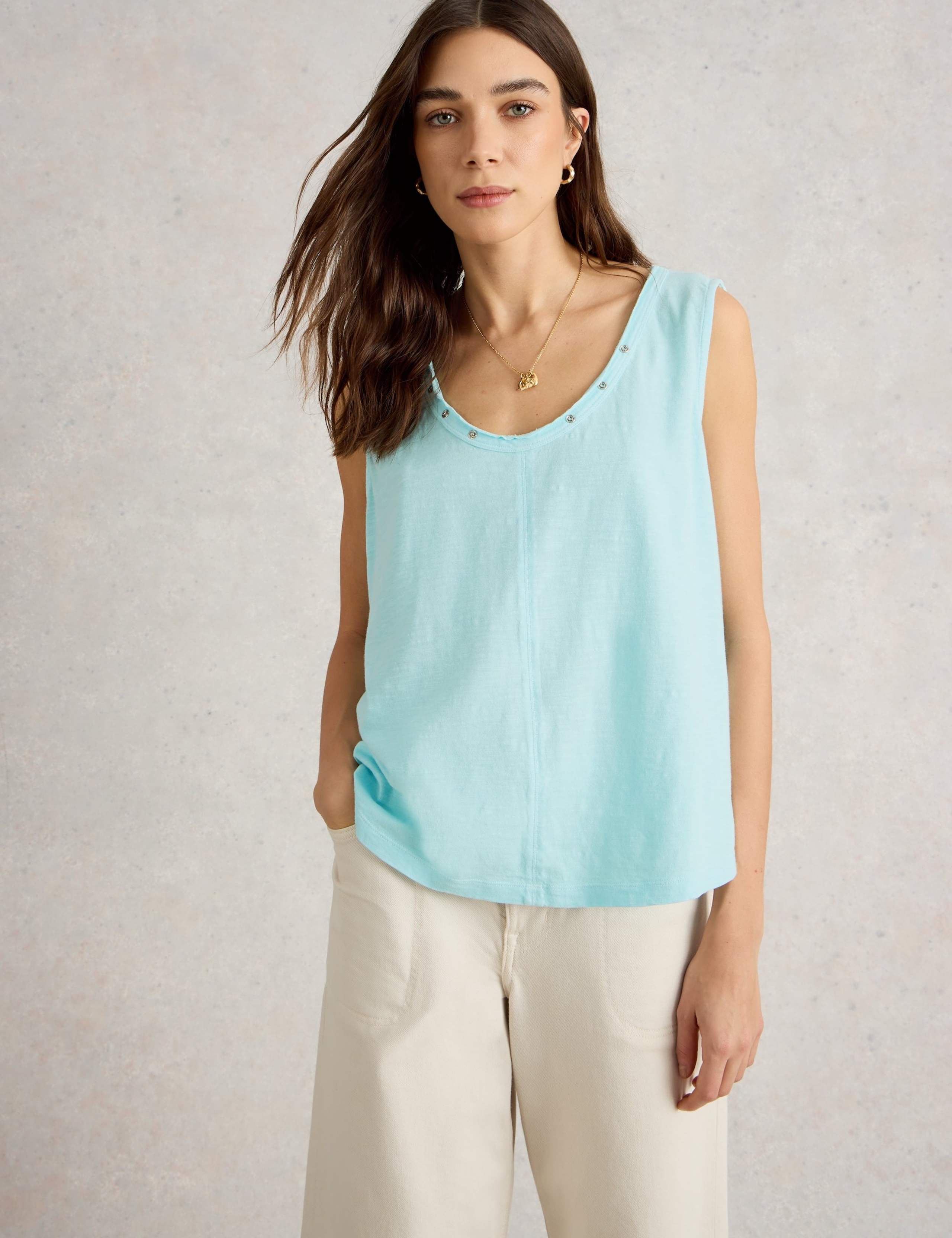 Pure Cotton Scoop Neck Button Detail Vest Top