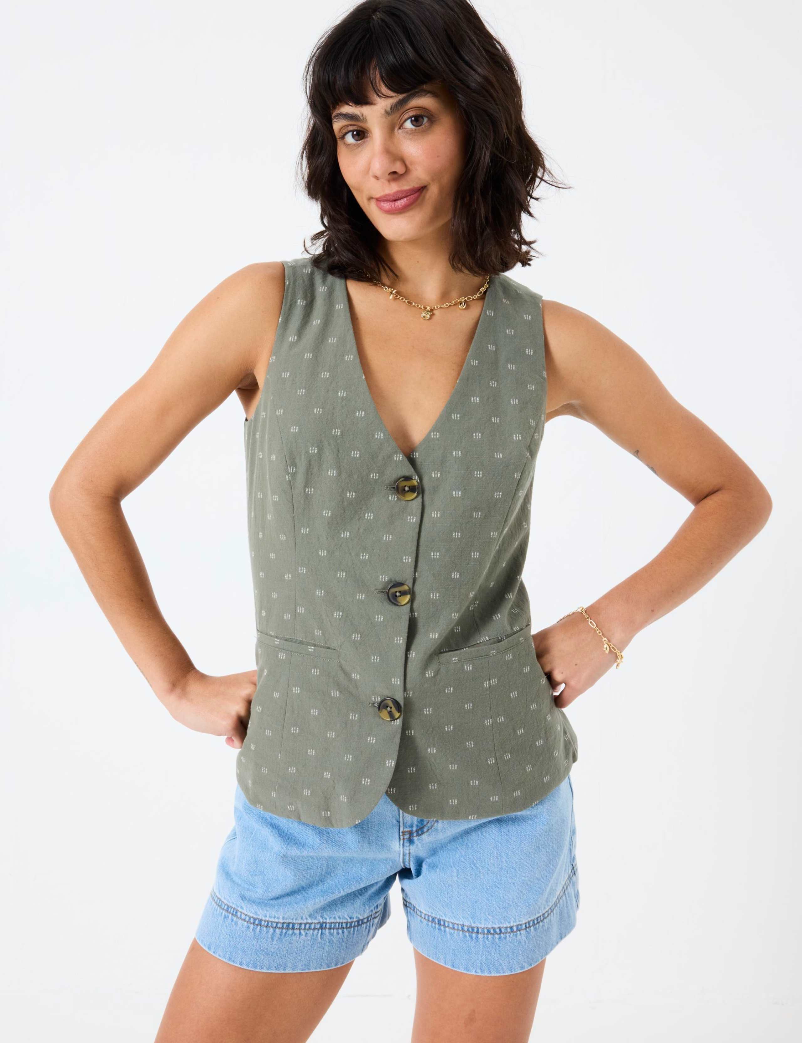 Pure Cotton Embroidered V-Neck Waistcoat