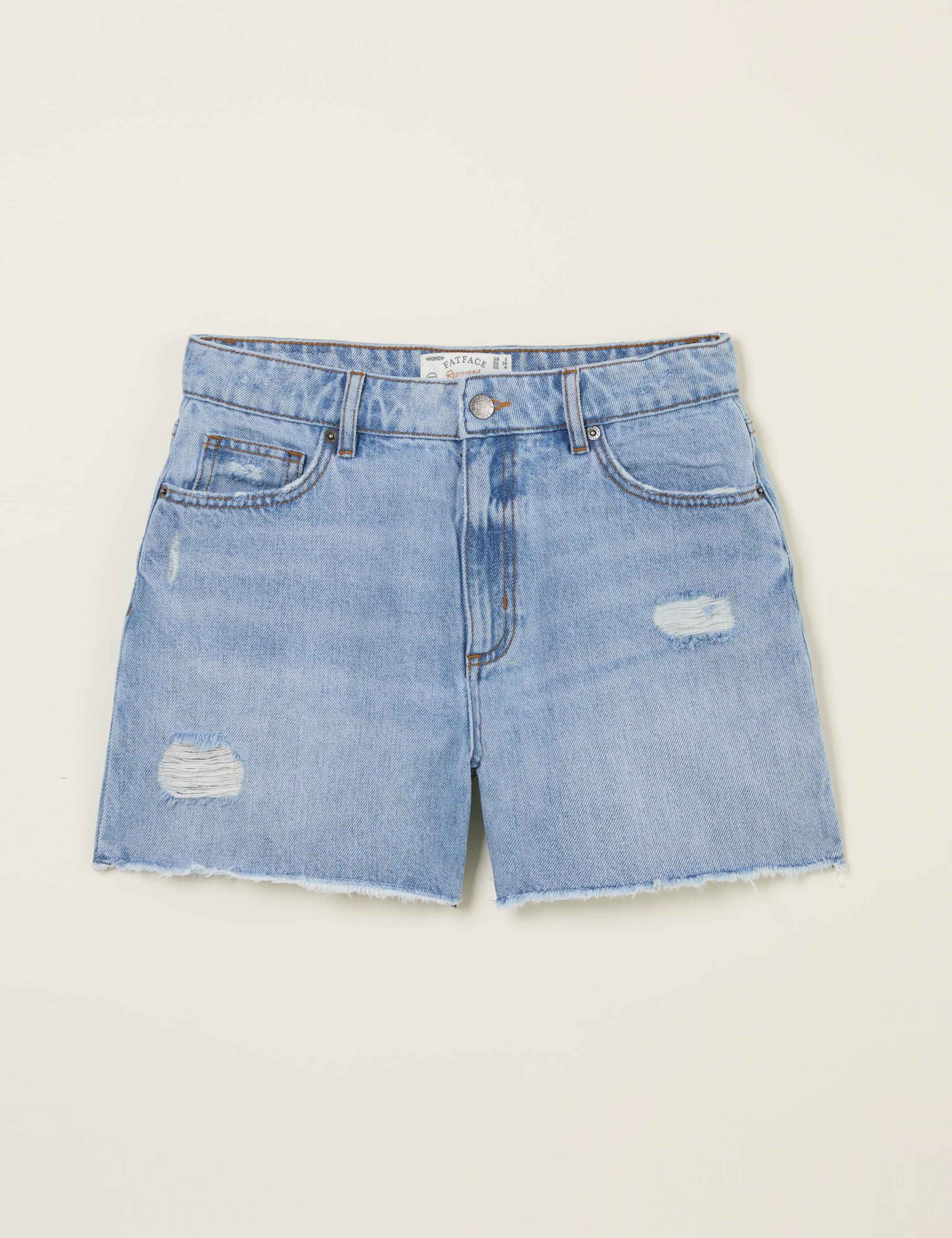 Pure Cotton Denim Distressed Mid Rise Shorts