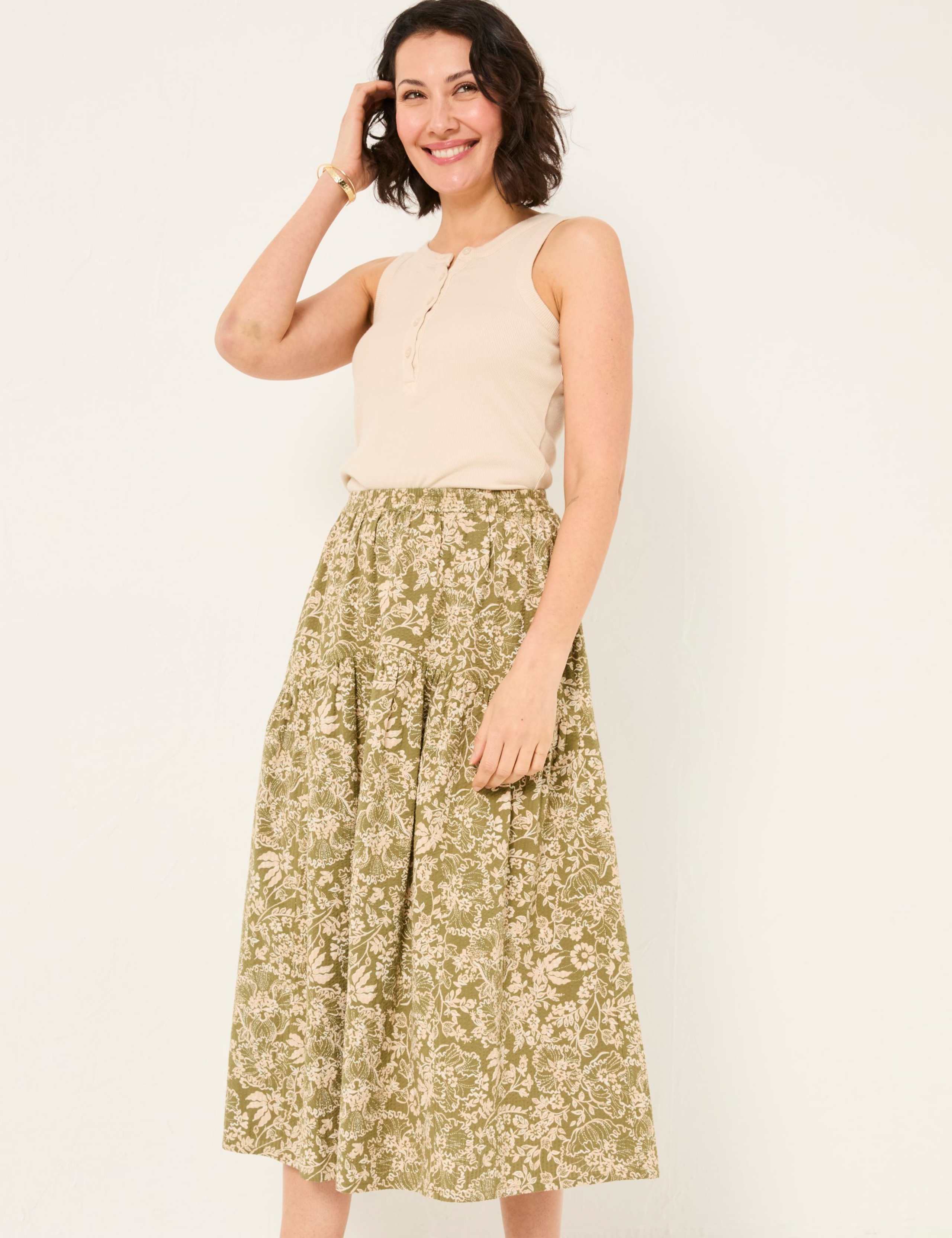 Pure Cotton Floral Tiered Midi Skirt