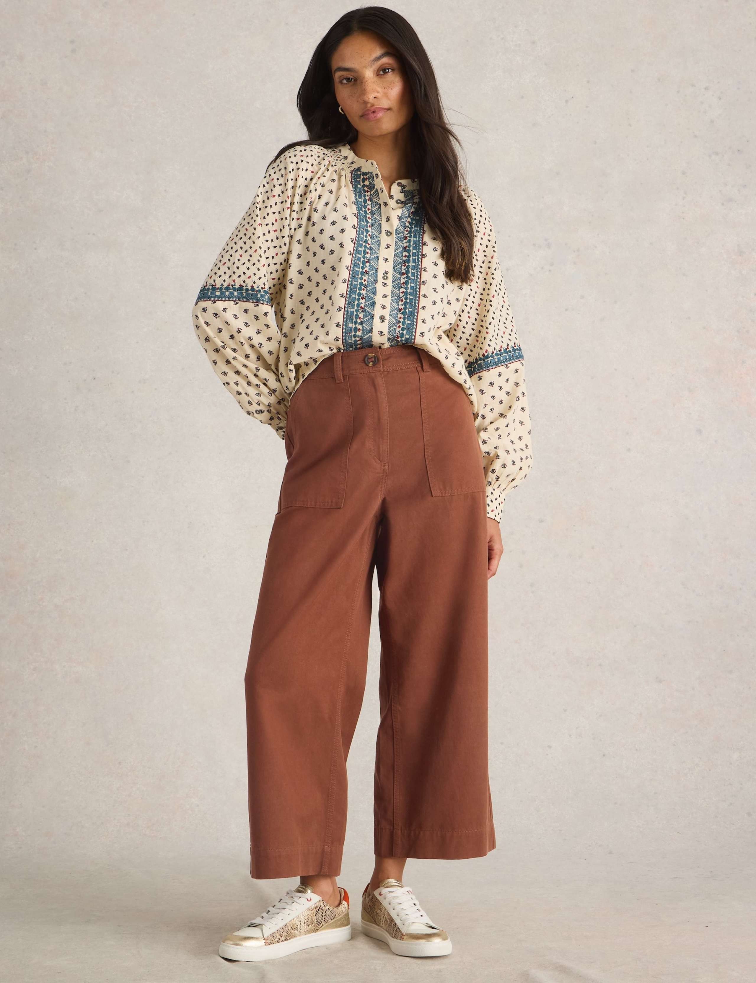 Cotton Blend Wide Leg Cropped Trousers