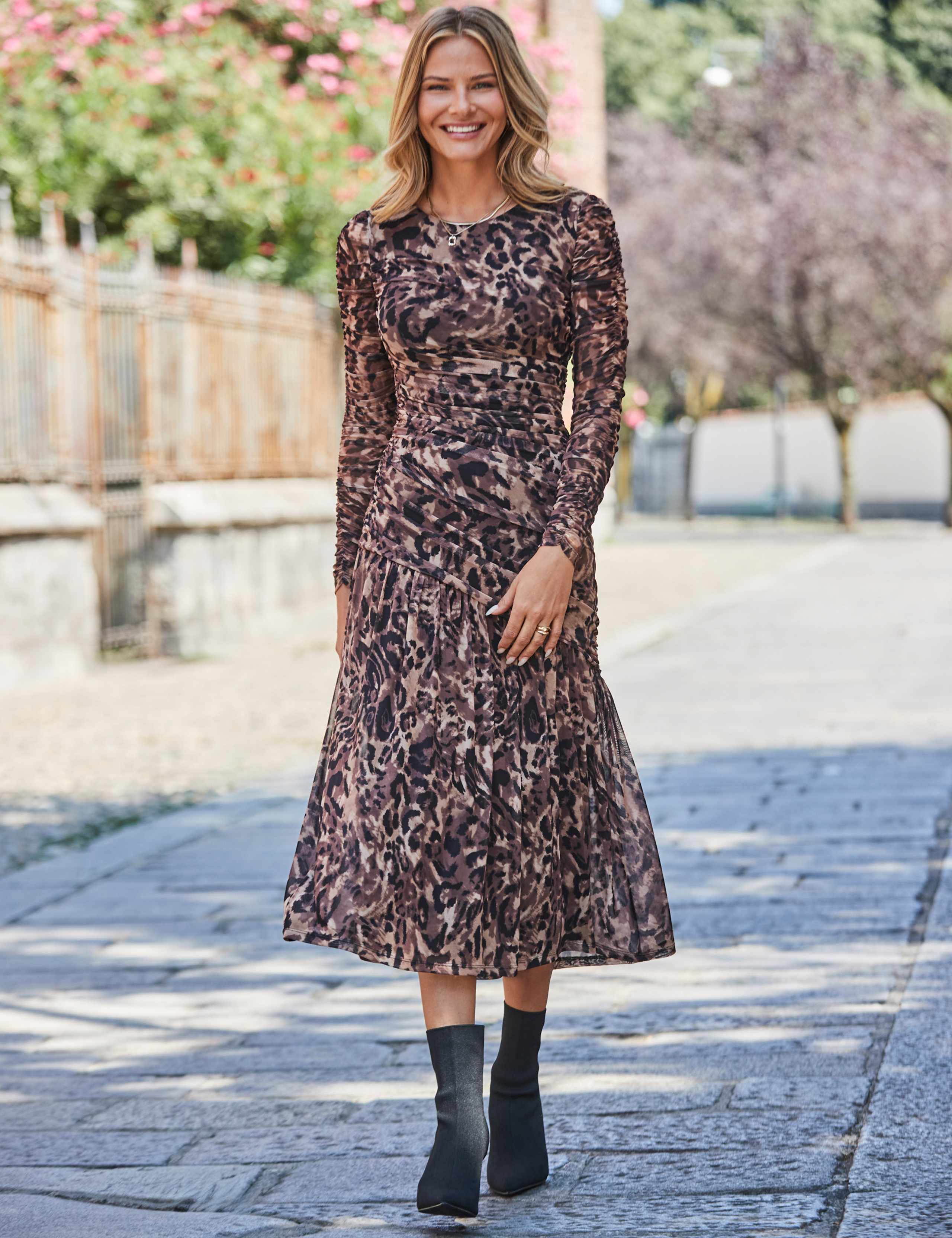 Mesh Ruched Waist Fit And Flare Dress