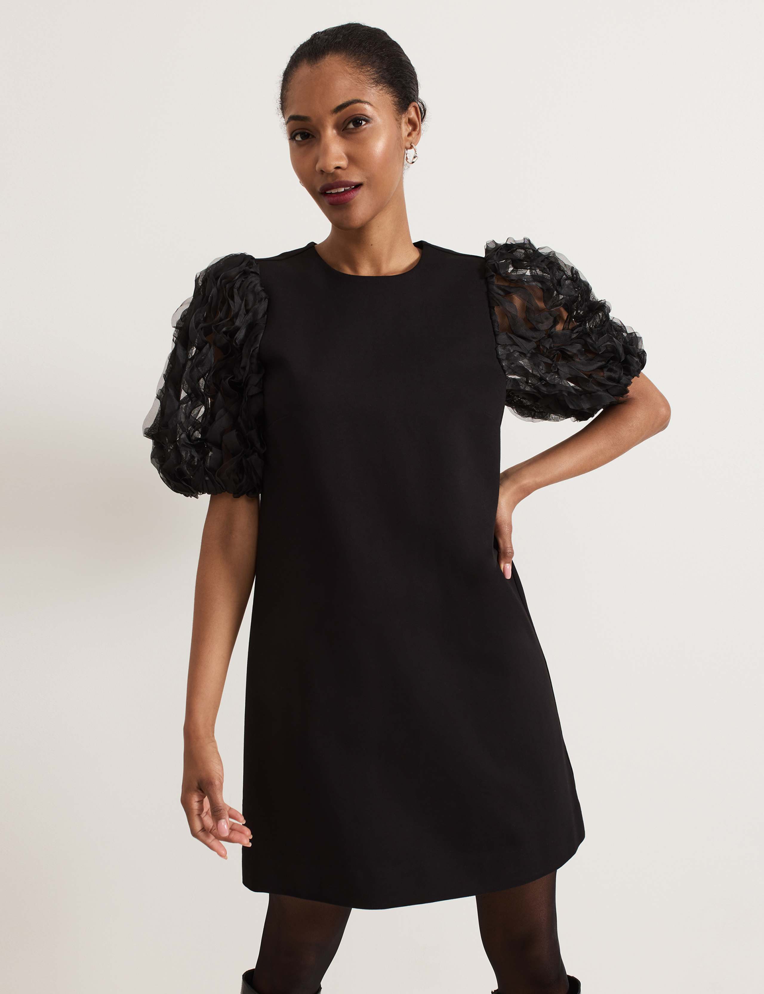 Textured Ruffle Sleeve Mini Shift Dress