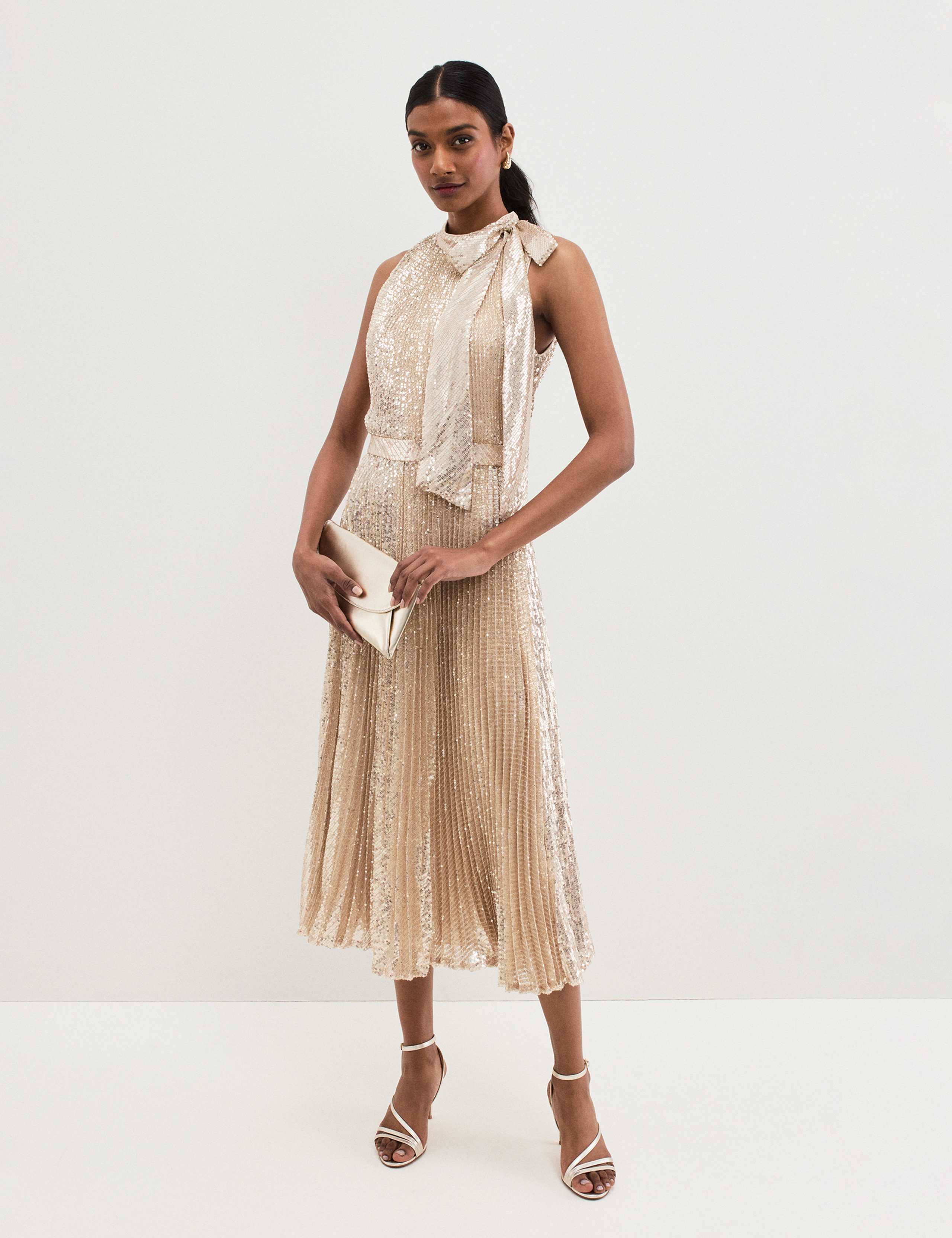 Sequin Tie Neck Midi Dress