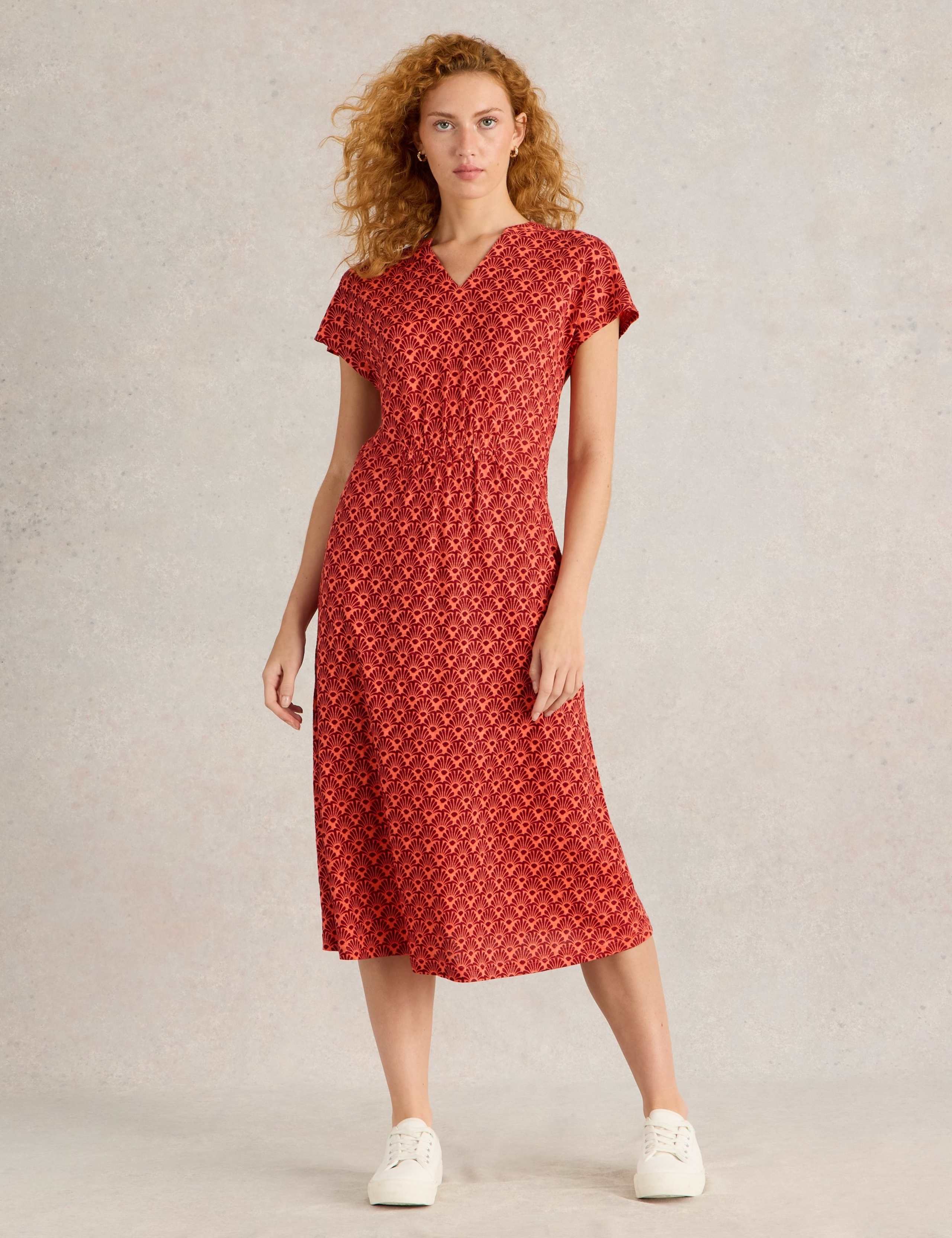 Pure Linen Jersey Printed V-Neck Midi Dress