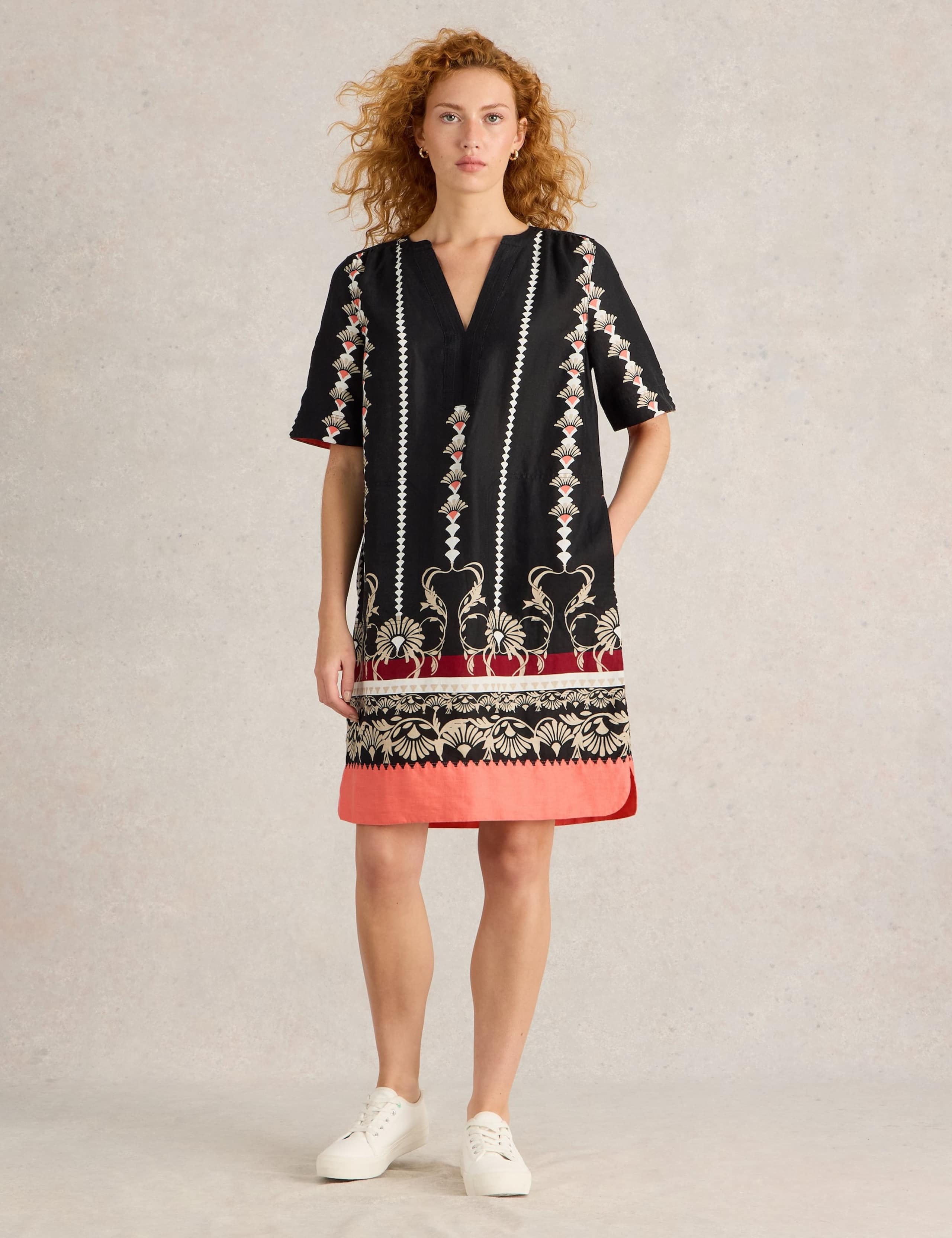 Pure Linen Printed Knee Length Relaxed Dress