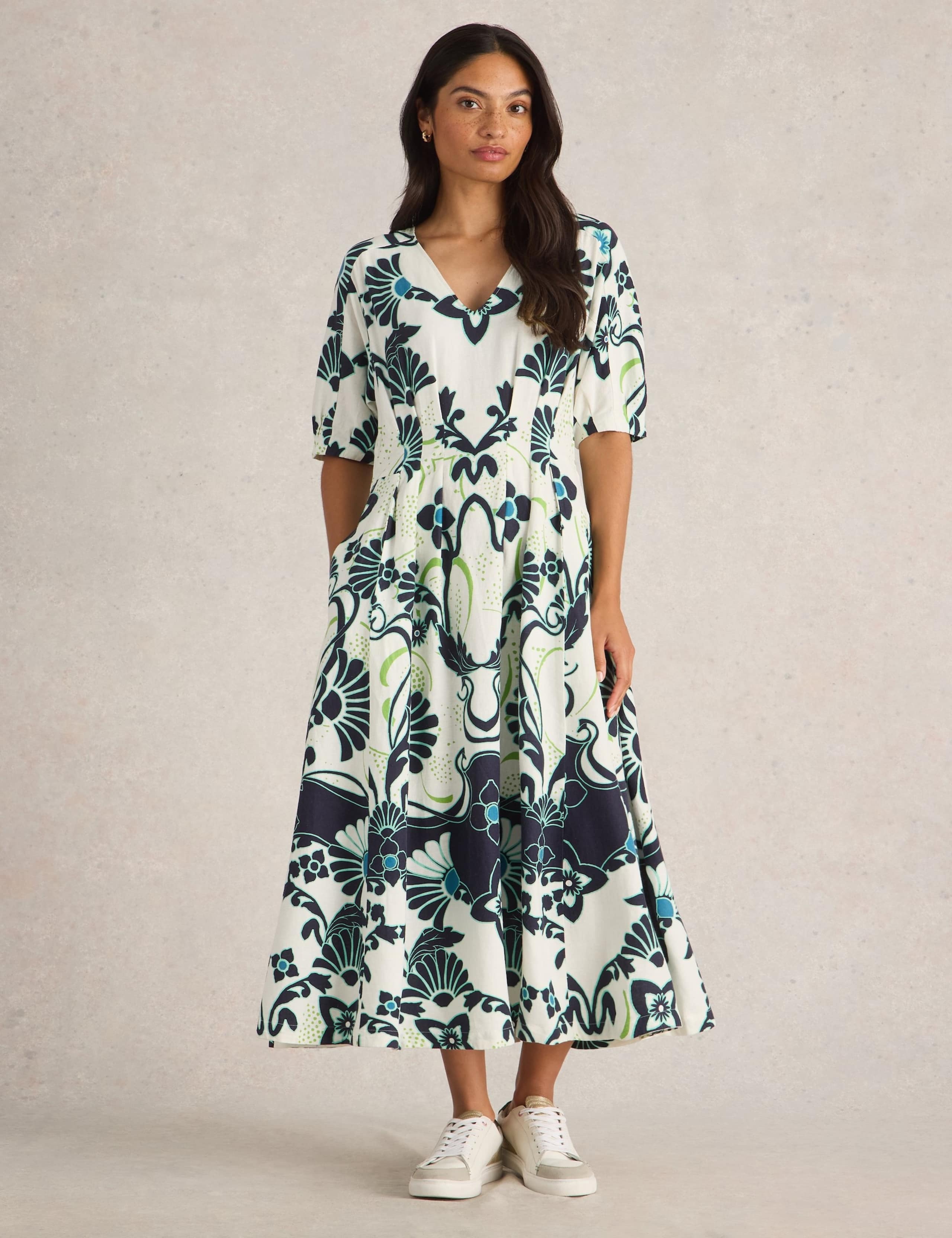 Linen Blend Printed Midaxi Waisted Dress