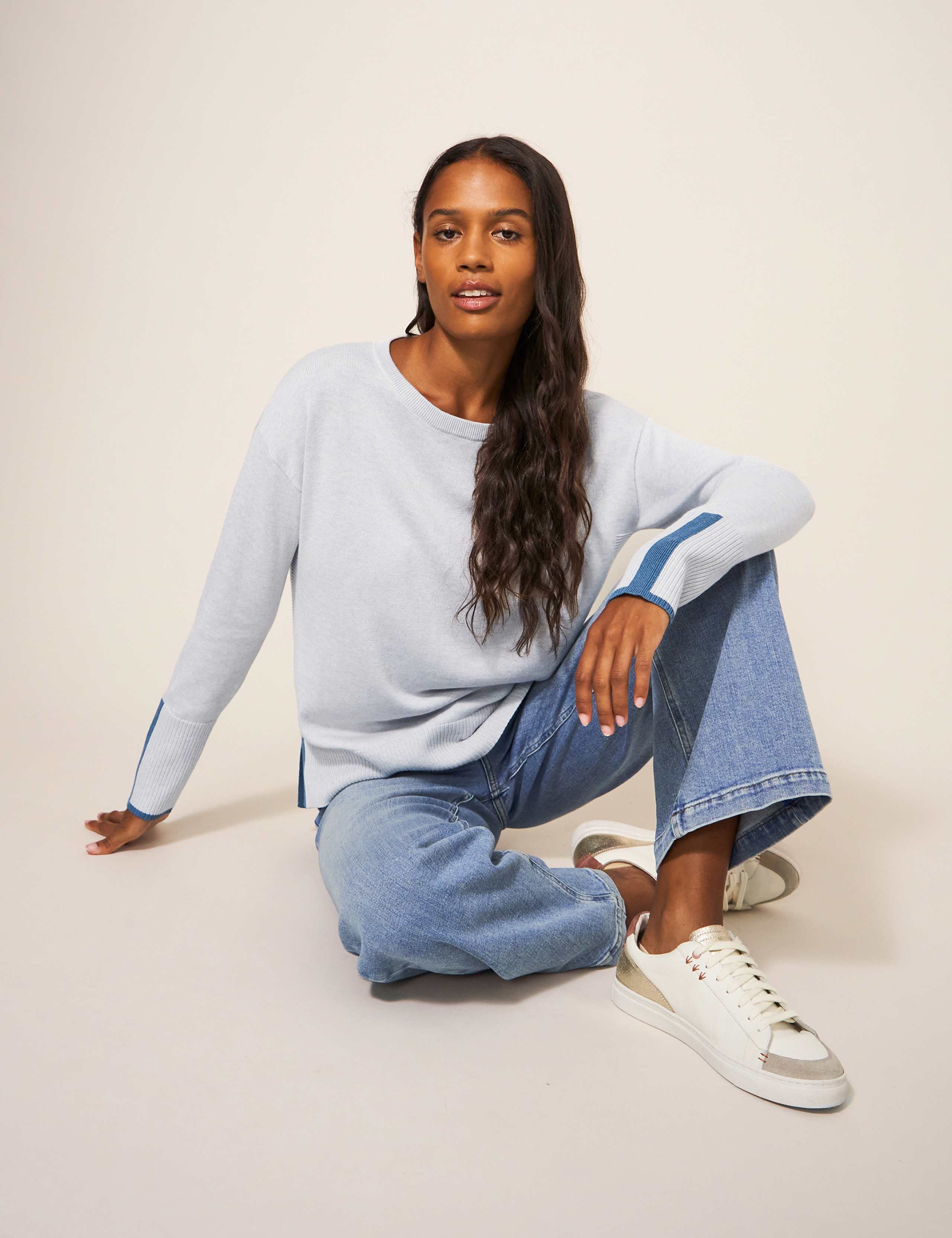 Cotton Rich Crew Neck Stepped Hem Jumper