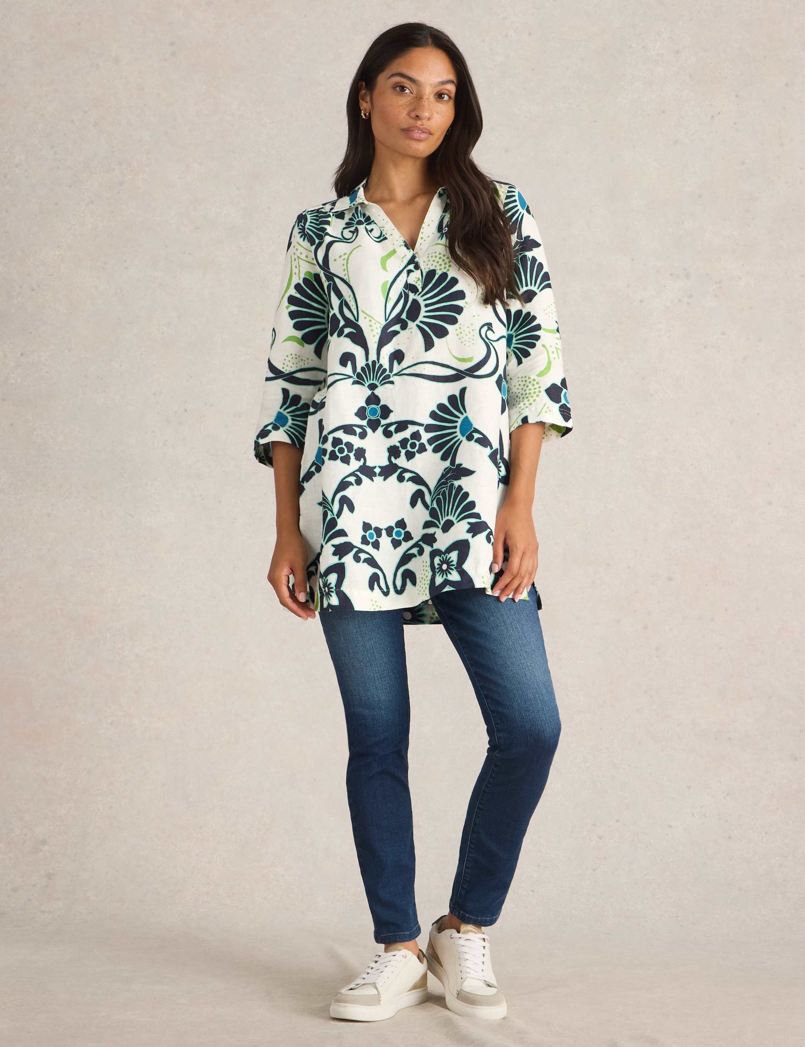 Pure Linen Printed Collared Tunic