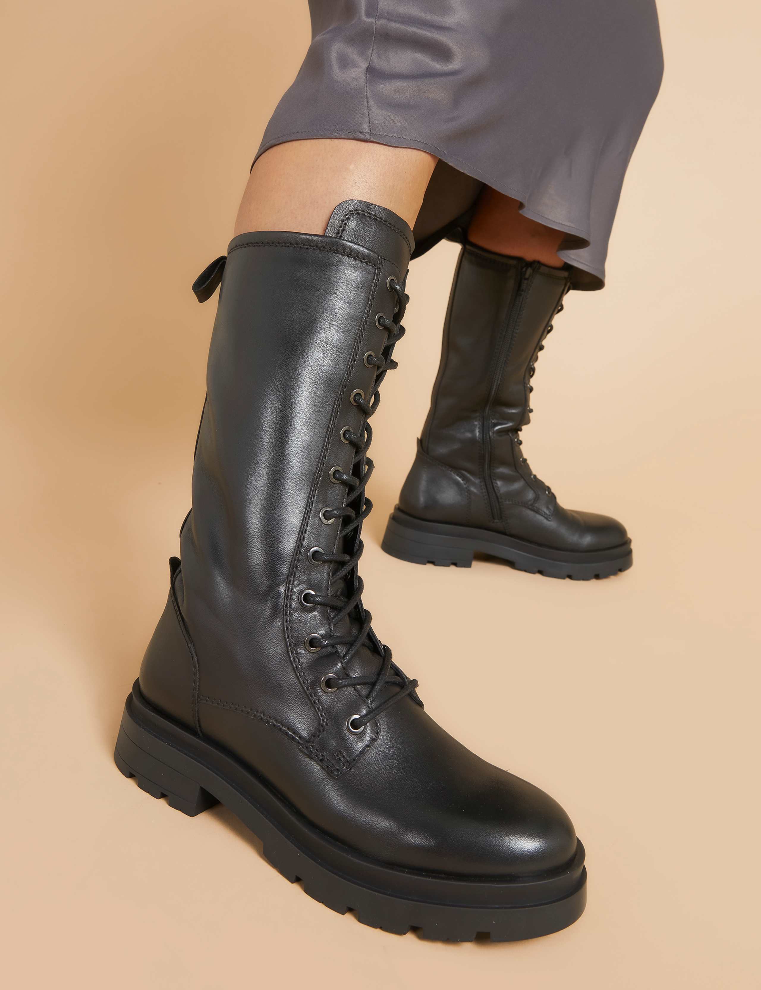 Leather Biker Lace Up Block Heel Boots
