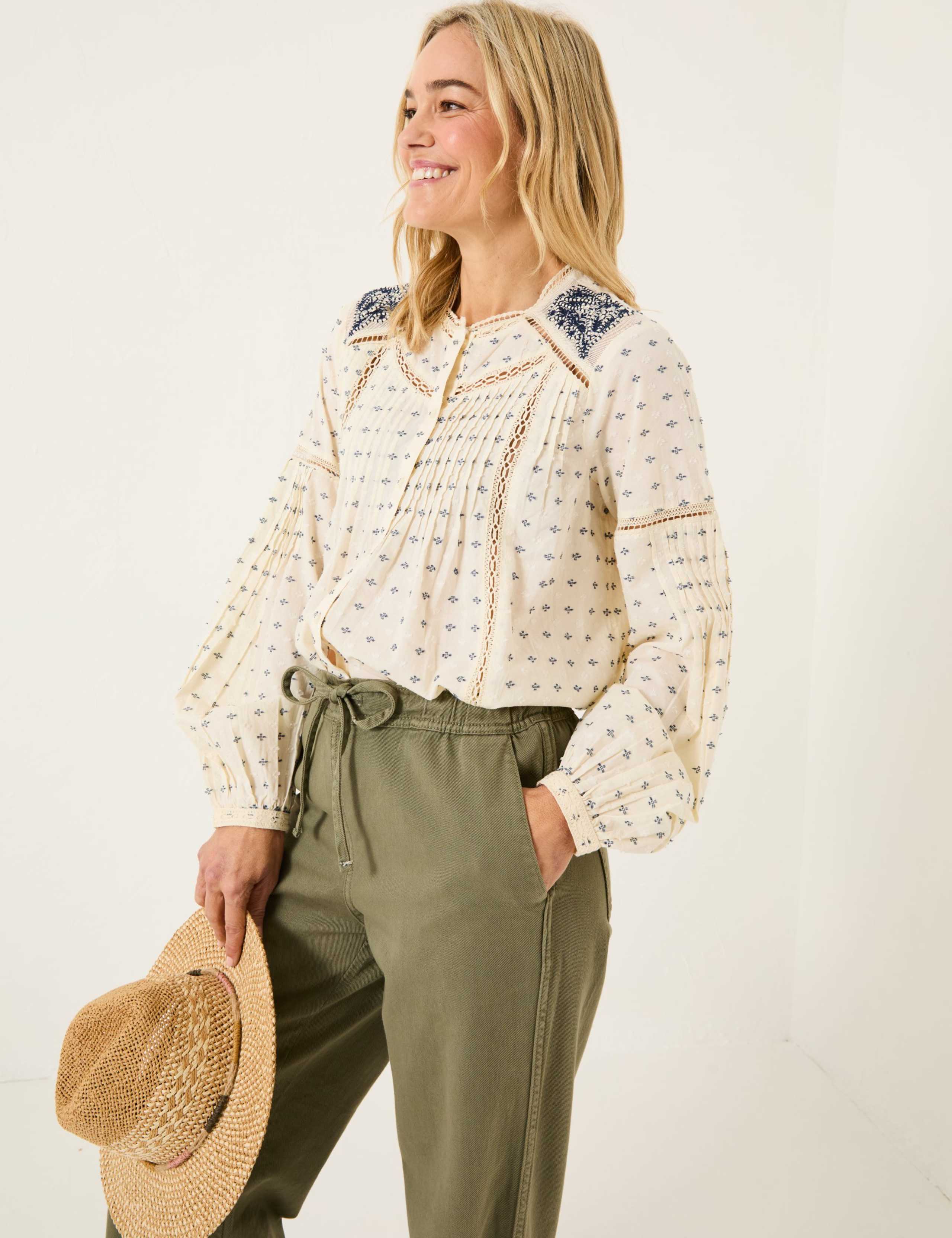 Cotton Rich Embroidered Lace Insert Blouse