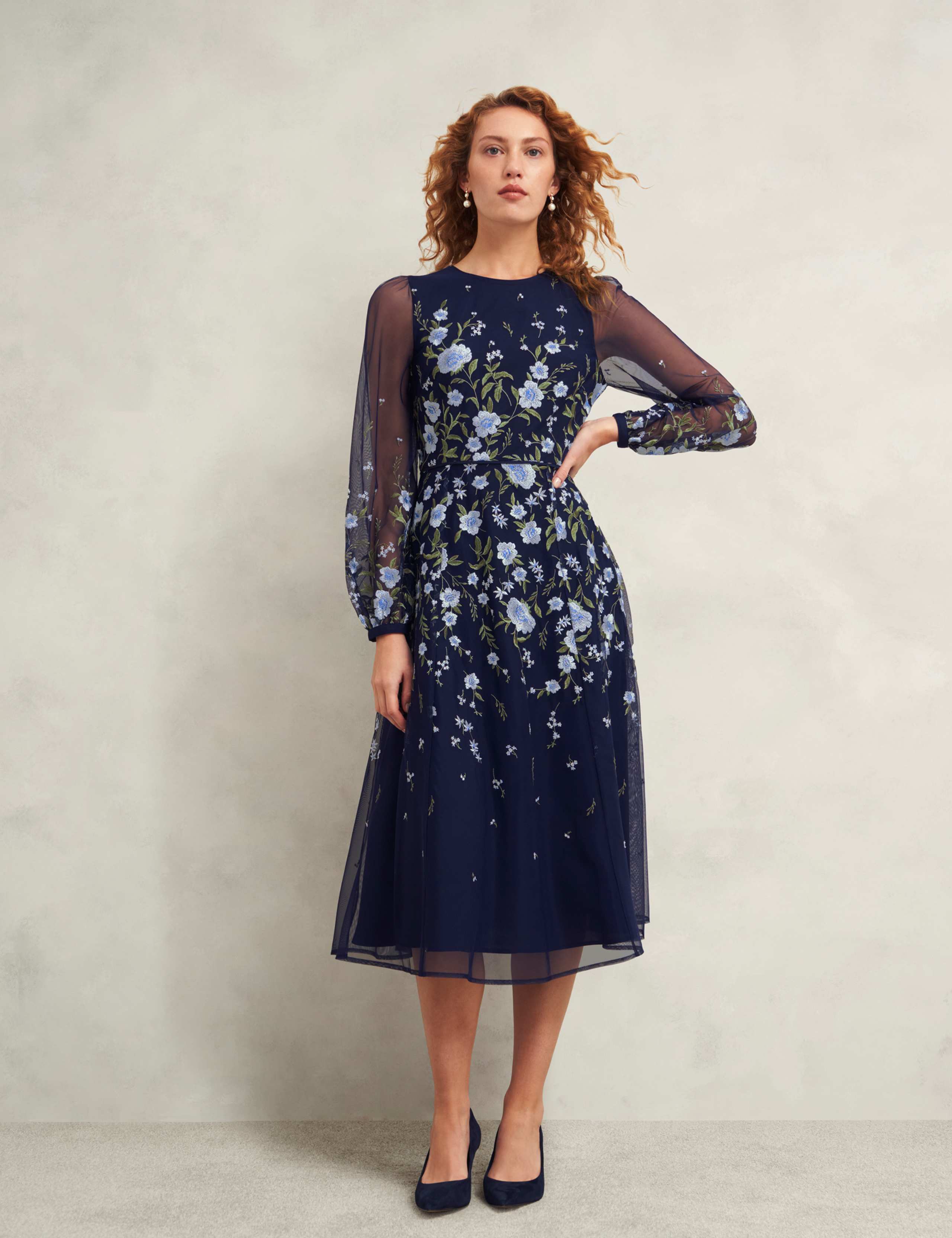Floral Embroidered Midi Waisted Dress