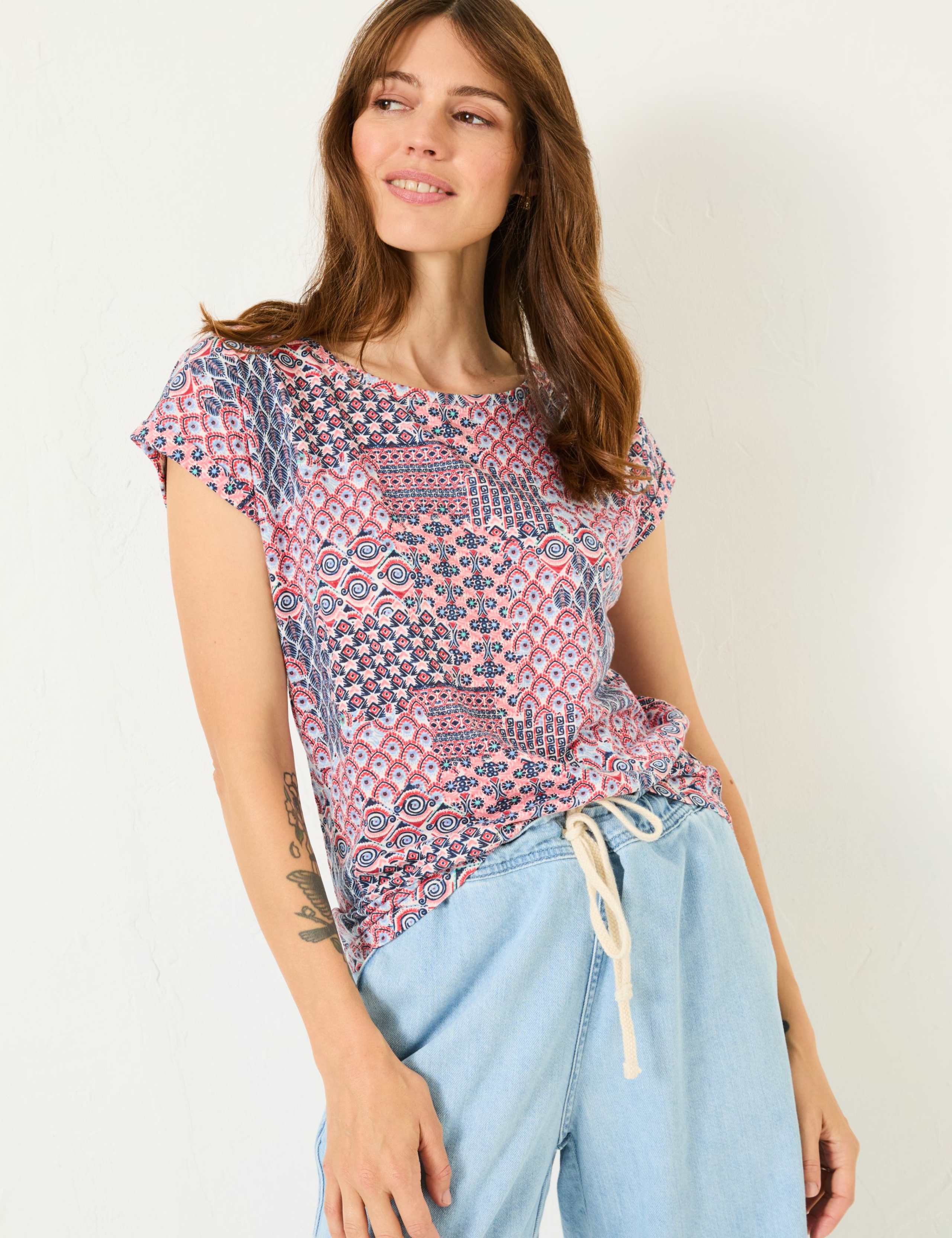 Cotton Modal Blend Geometric Cap Sleeve Top