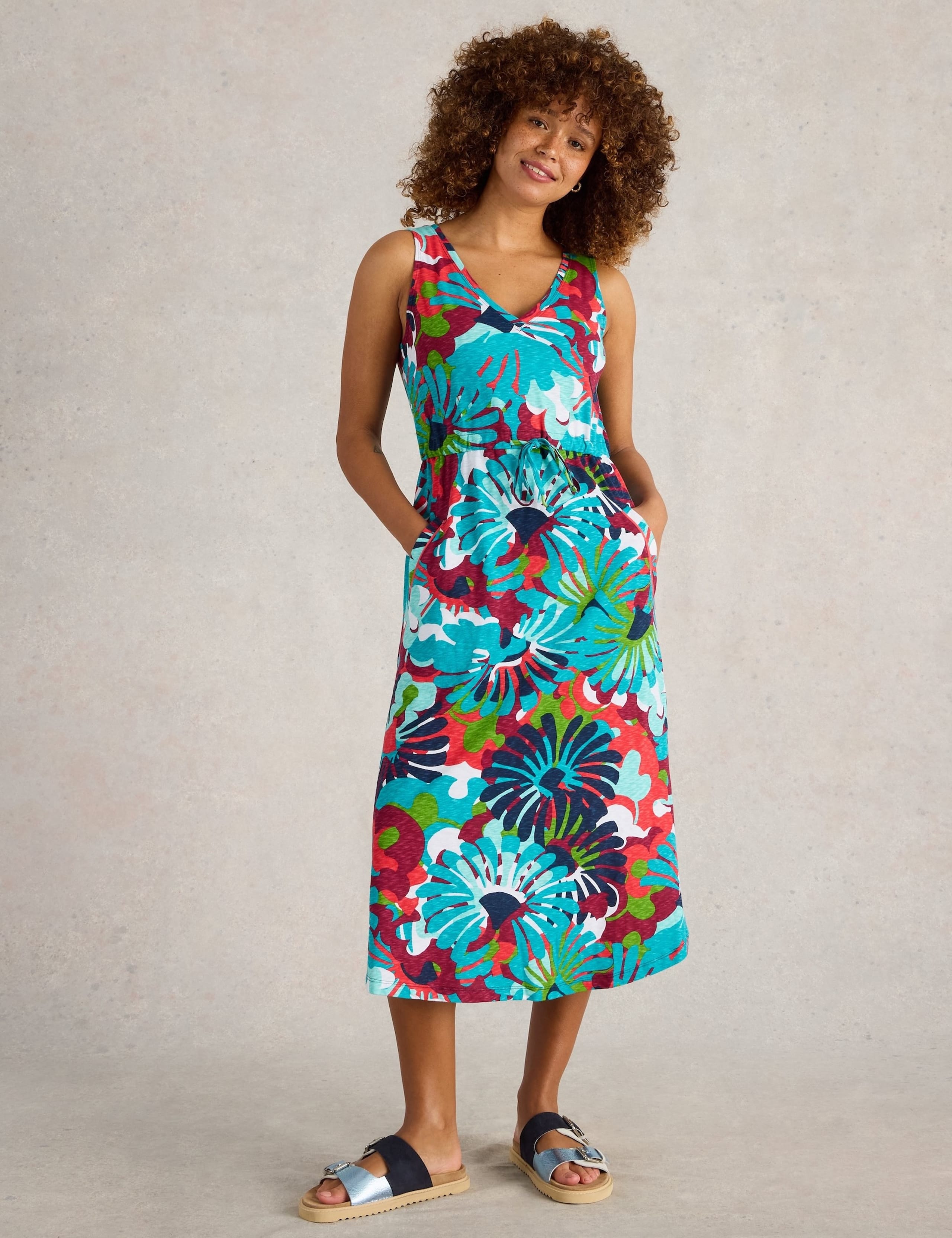 Pure Cotton Printed V-Neck Midi Beach Dress