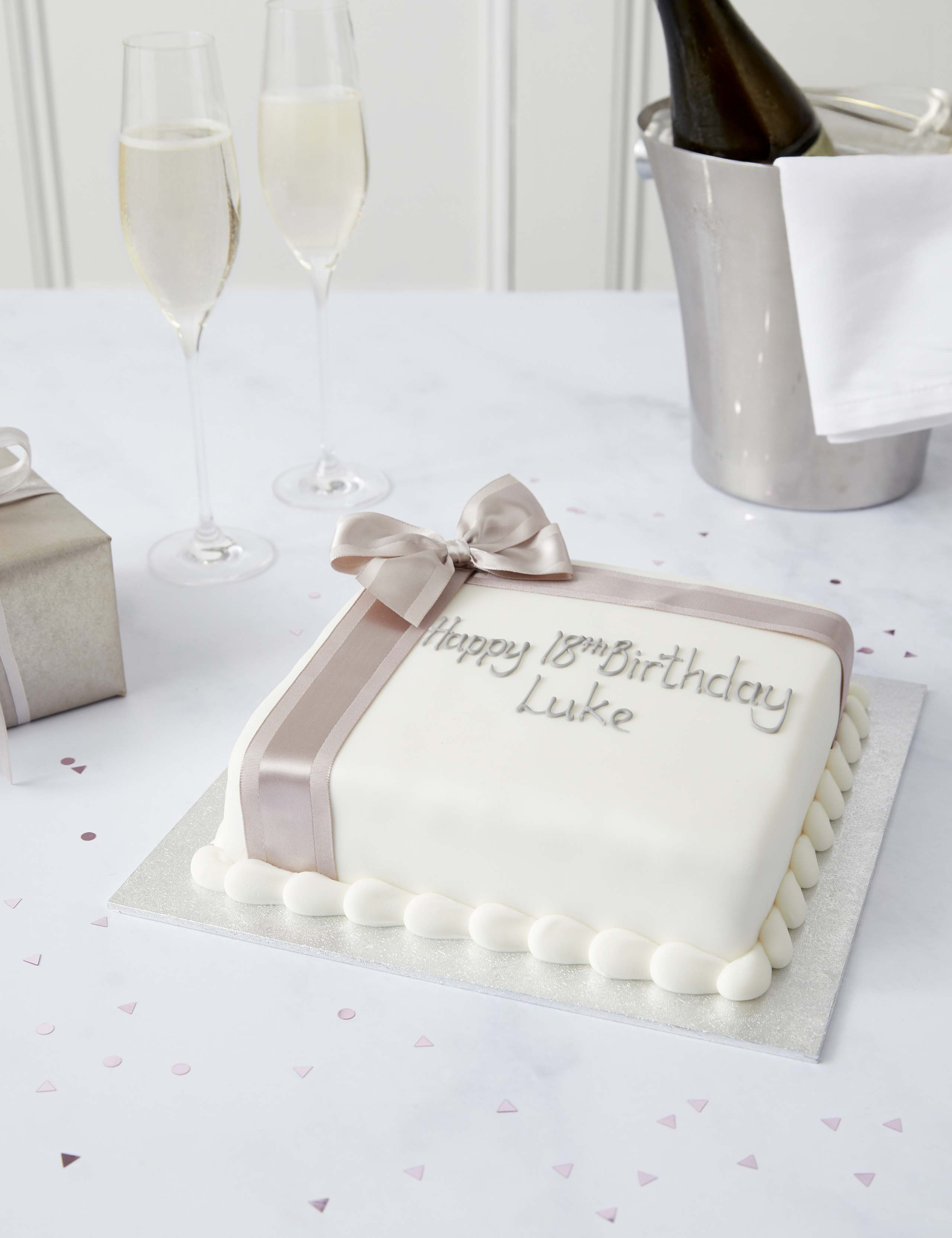 Personalised Celebration Sponge Cake with Silver Ribbon (Serves 16)