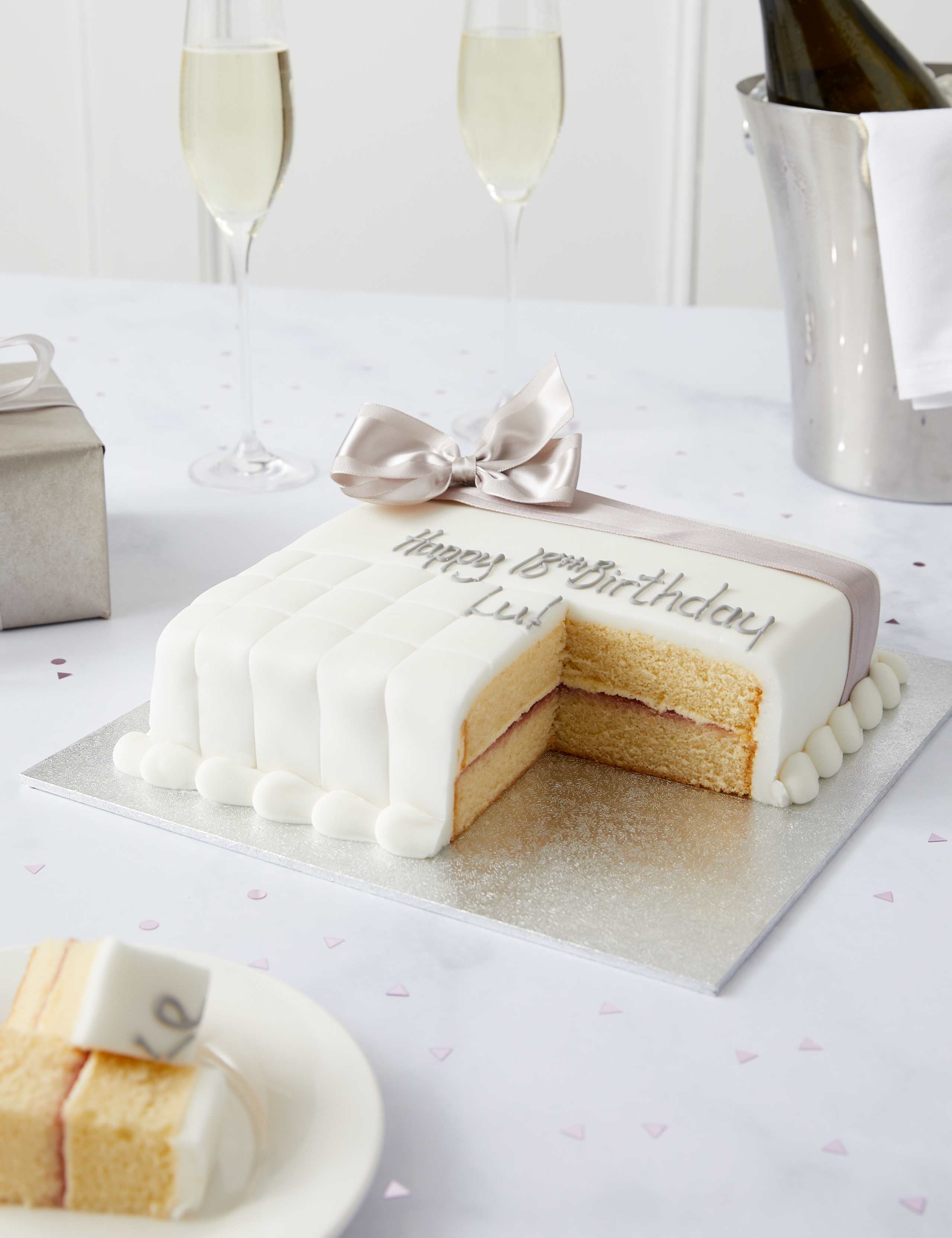 Personalised Celebration Sponge Cake with Silver Ribbon (Serves 16)