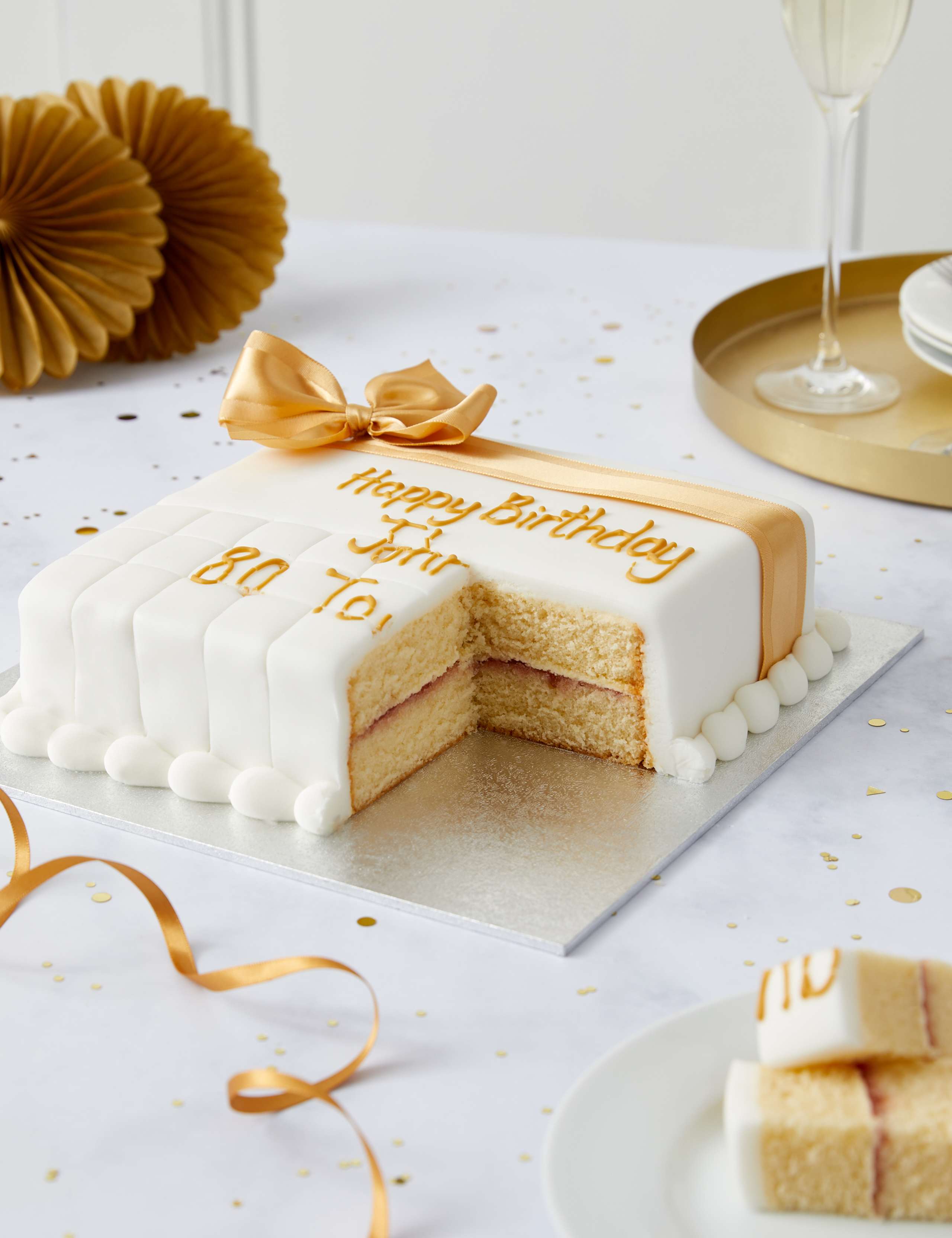 Personalised Celebration Sponge Cake with Gold Ribbon (Serves 16)