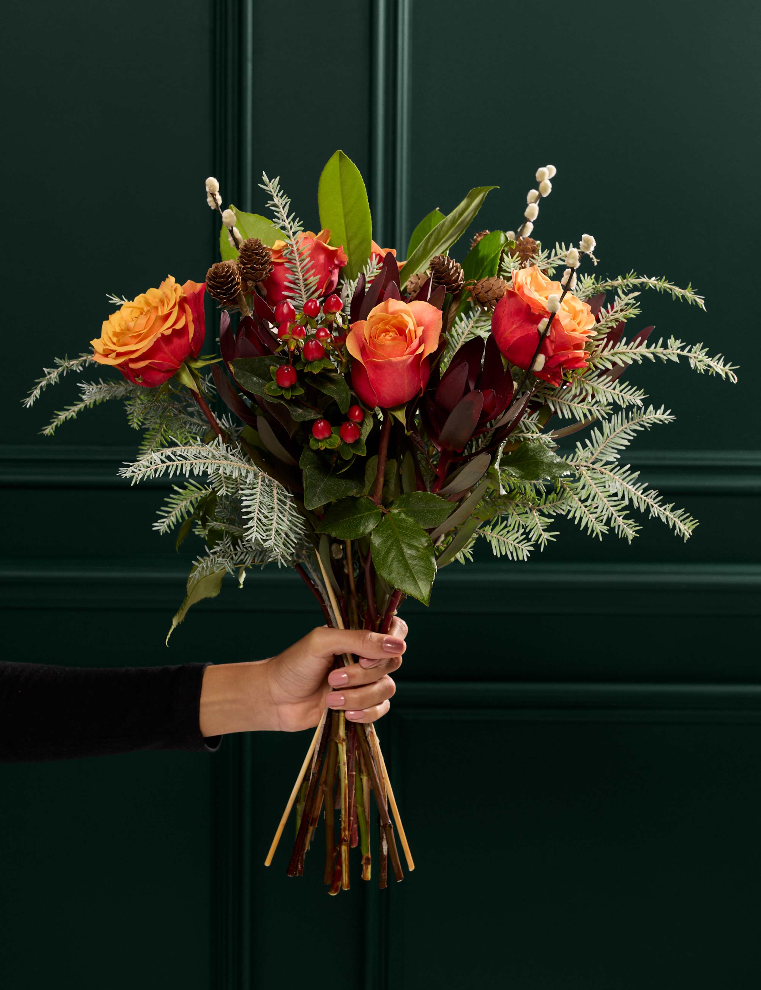 Orange Rose & Festive Foliage Bouquet