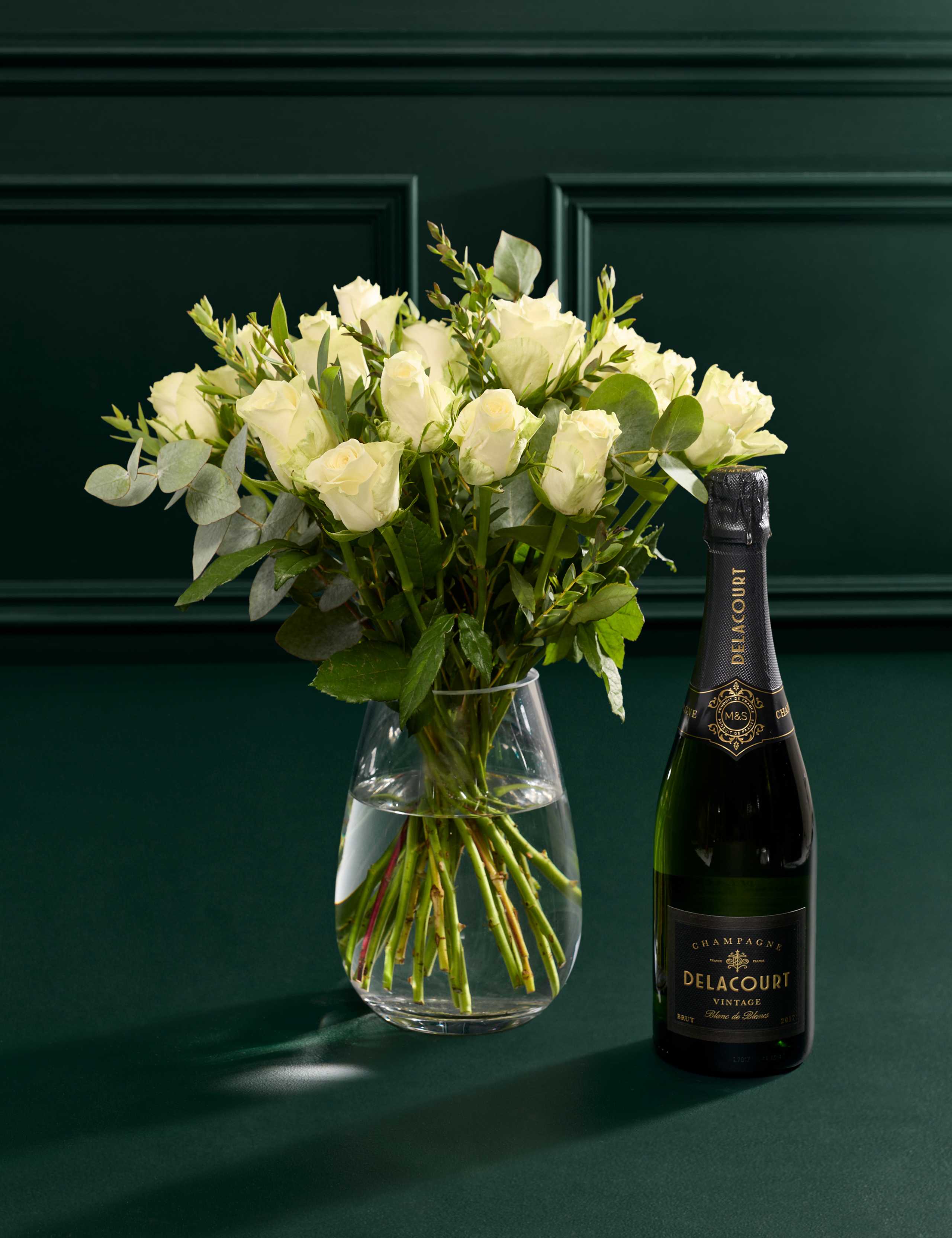 Festive White Rose & Eucalyptus Bouquet with Vintage Champagne