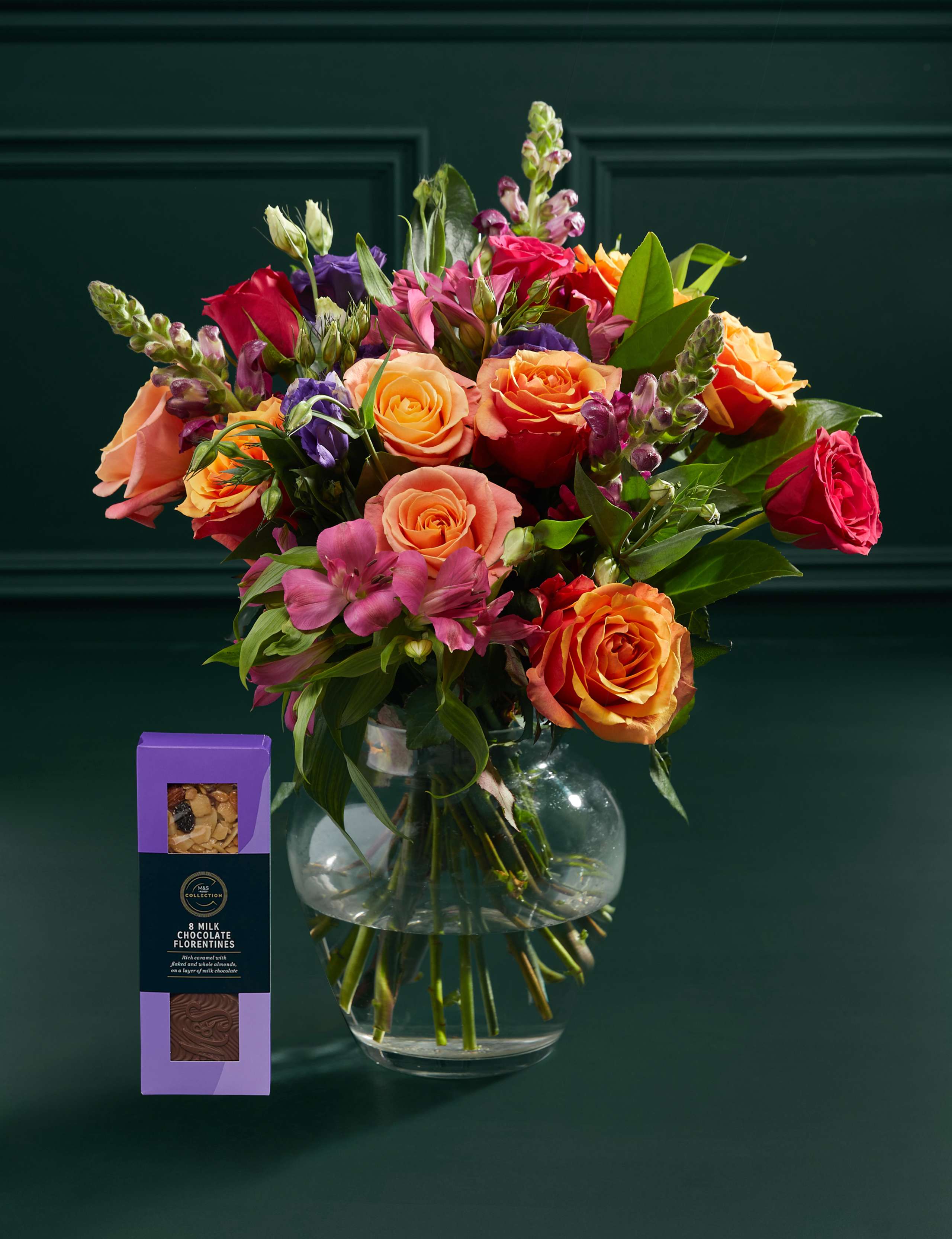 Roses, Lisianthus & Antirrhinum Bright Bouquet with Chocolate Florentines