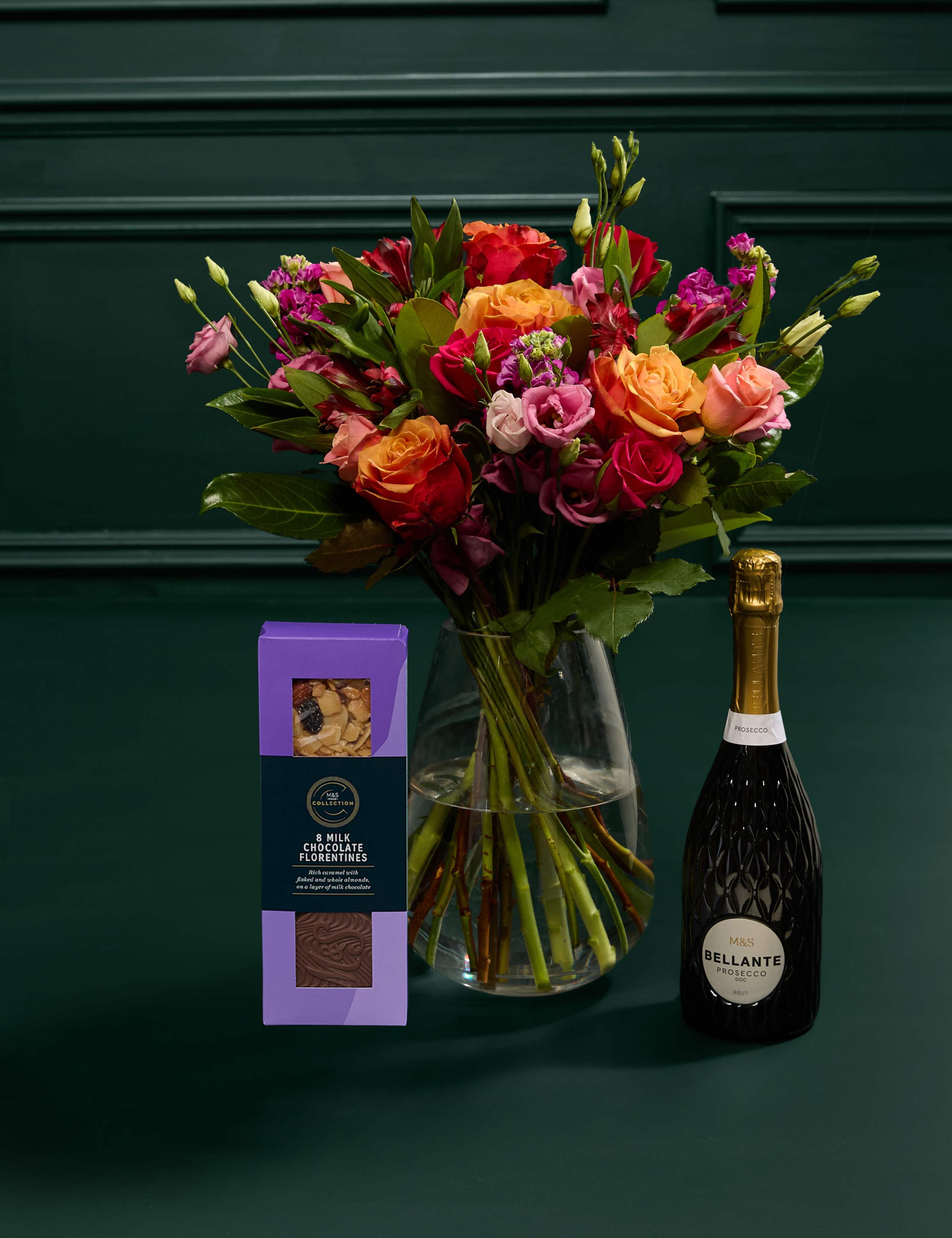 Rose & Lisianthus Bright Bouquet with Prosecco & Chocolate Florentines