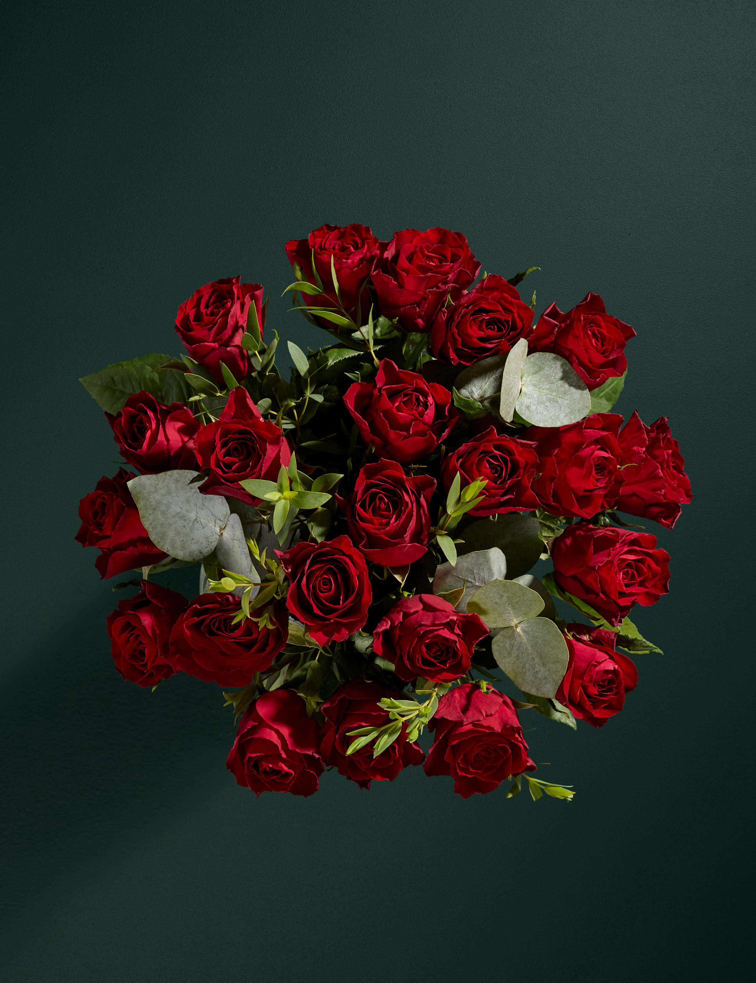 Festive Red Rose & Eucalyptus Bouquet with Vintage Champagne (Delivery from 26th November)