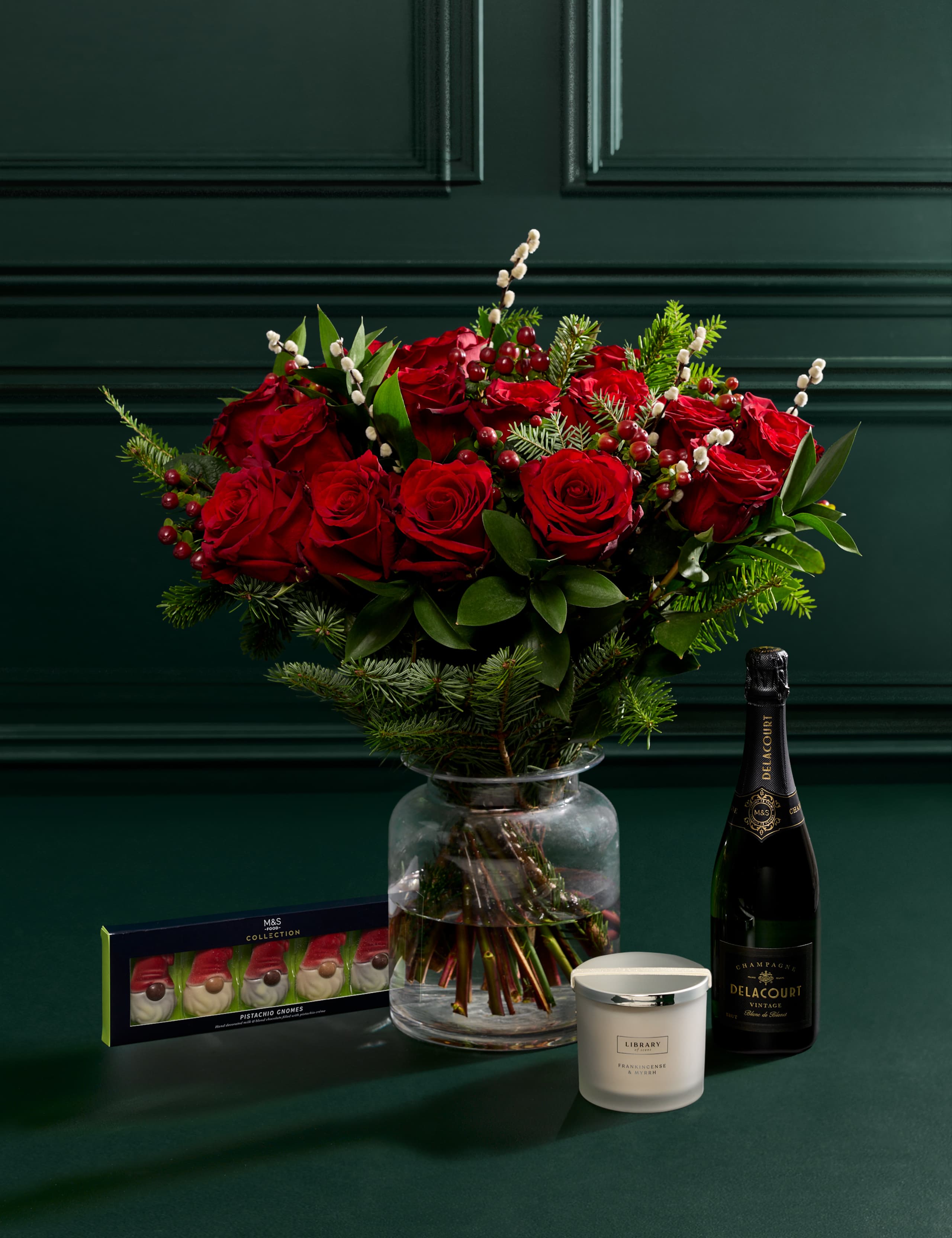 Festive Red Rose Bouquet with Vintage Champagne, Pistachio Gnomes & Candle