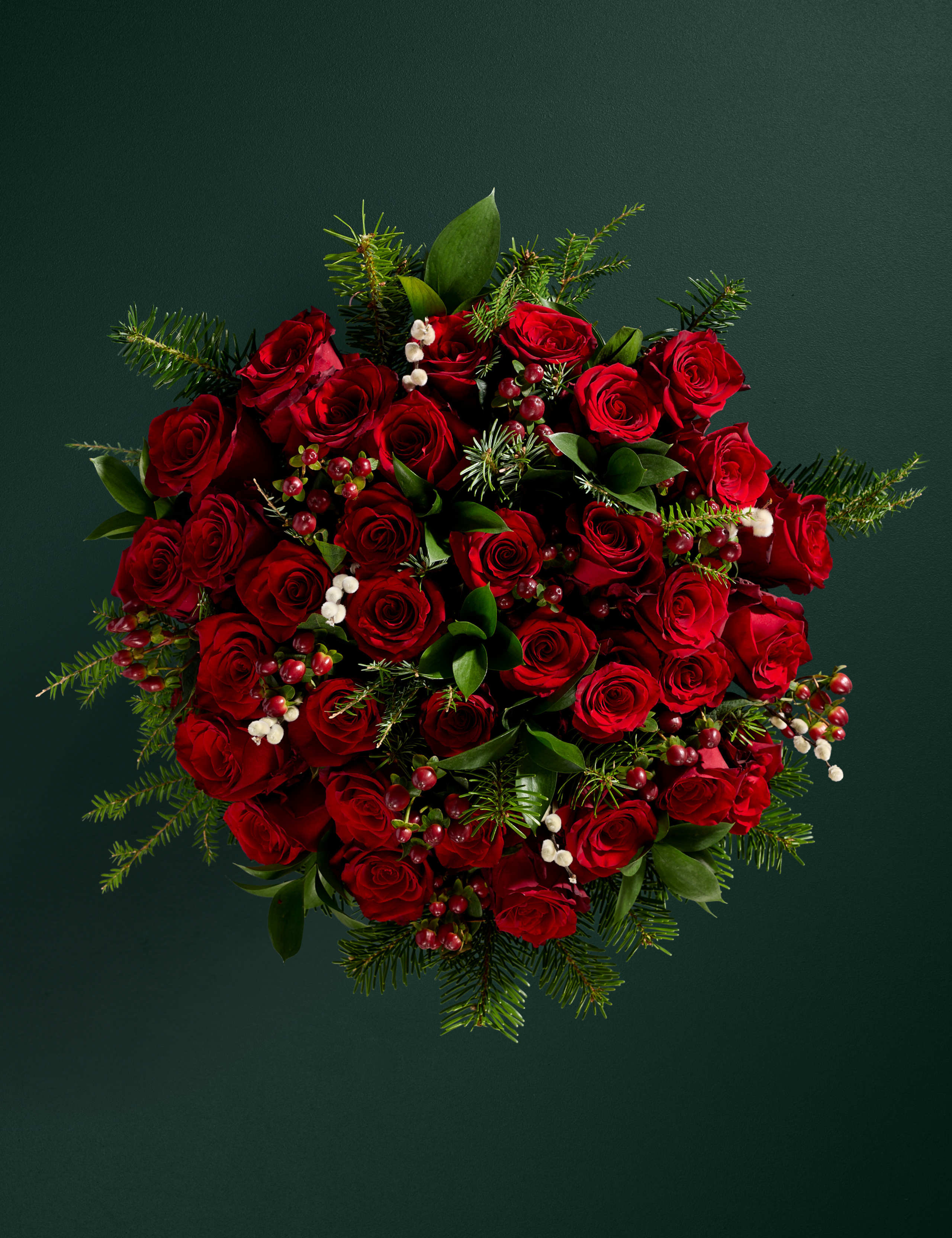 Festive Red Rose Bouquet with Vintage Champagne, Pistachio Gnomes & Candle