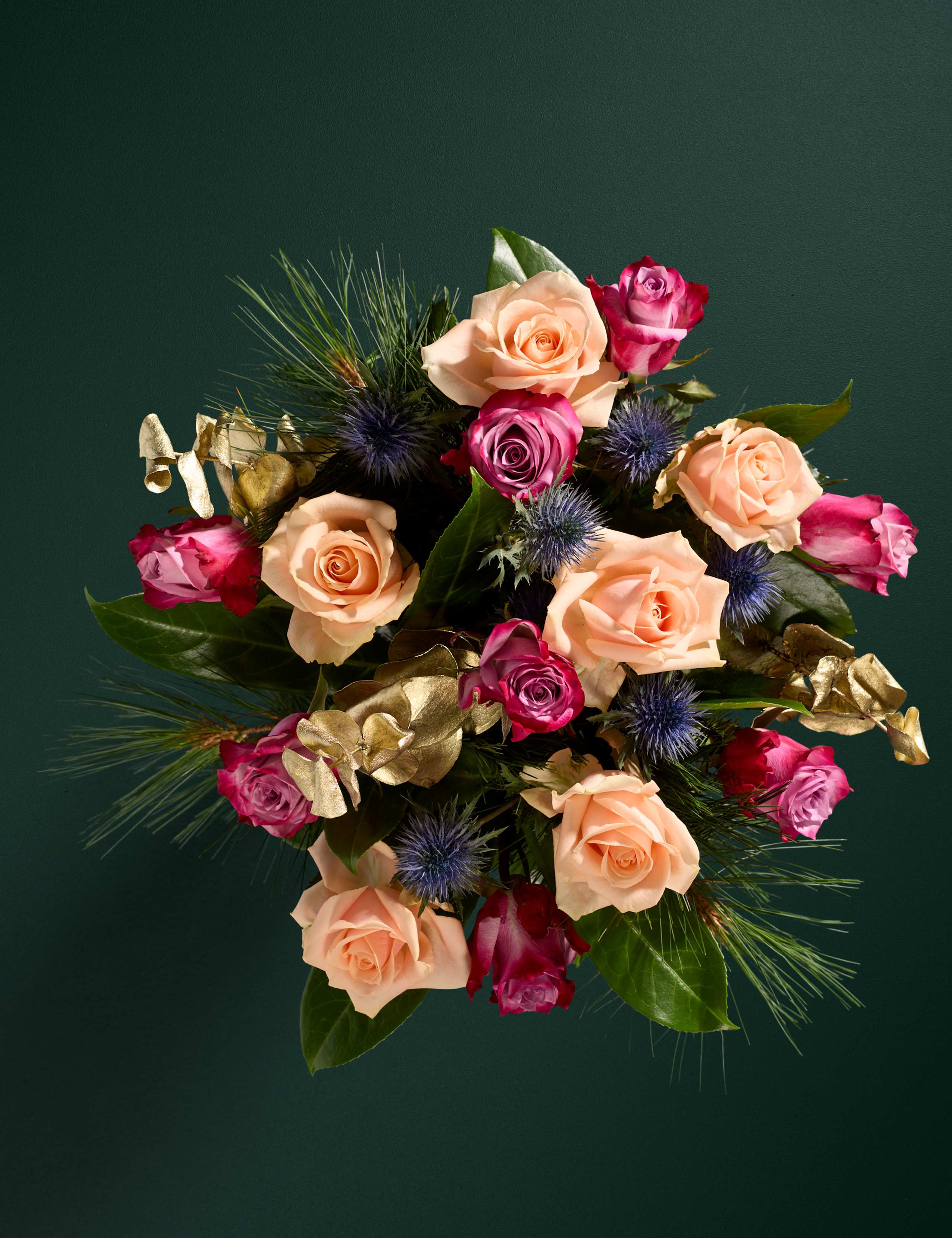 Festive Pearl Avalanche™ Rose & Kiefer Pine Bouquet
